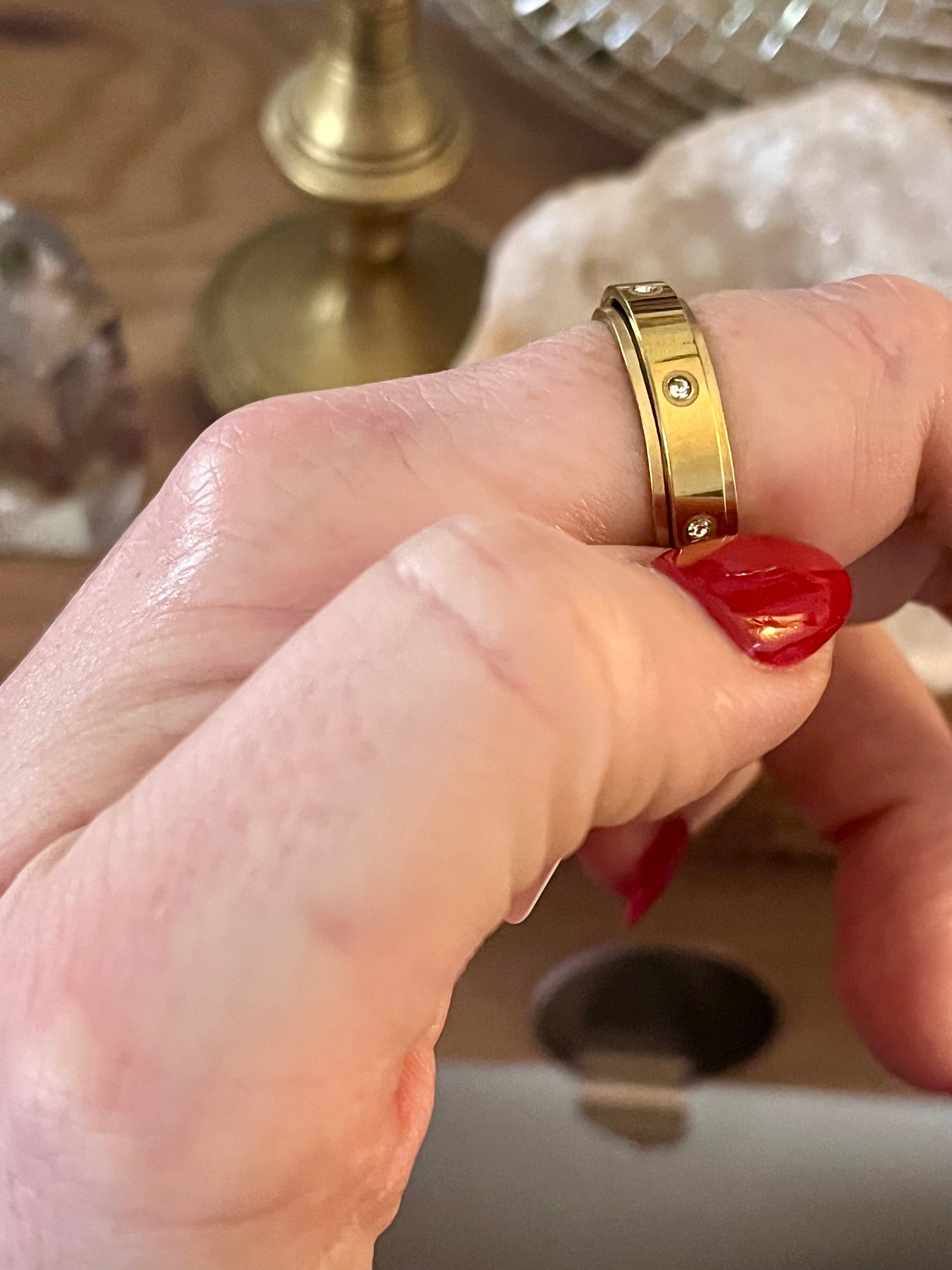 Gold Stainless Steel Anti-Anxiety Spinner Ring with Crystal Accents – Rotating Fidget Stress Relief Band in