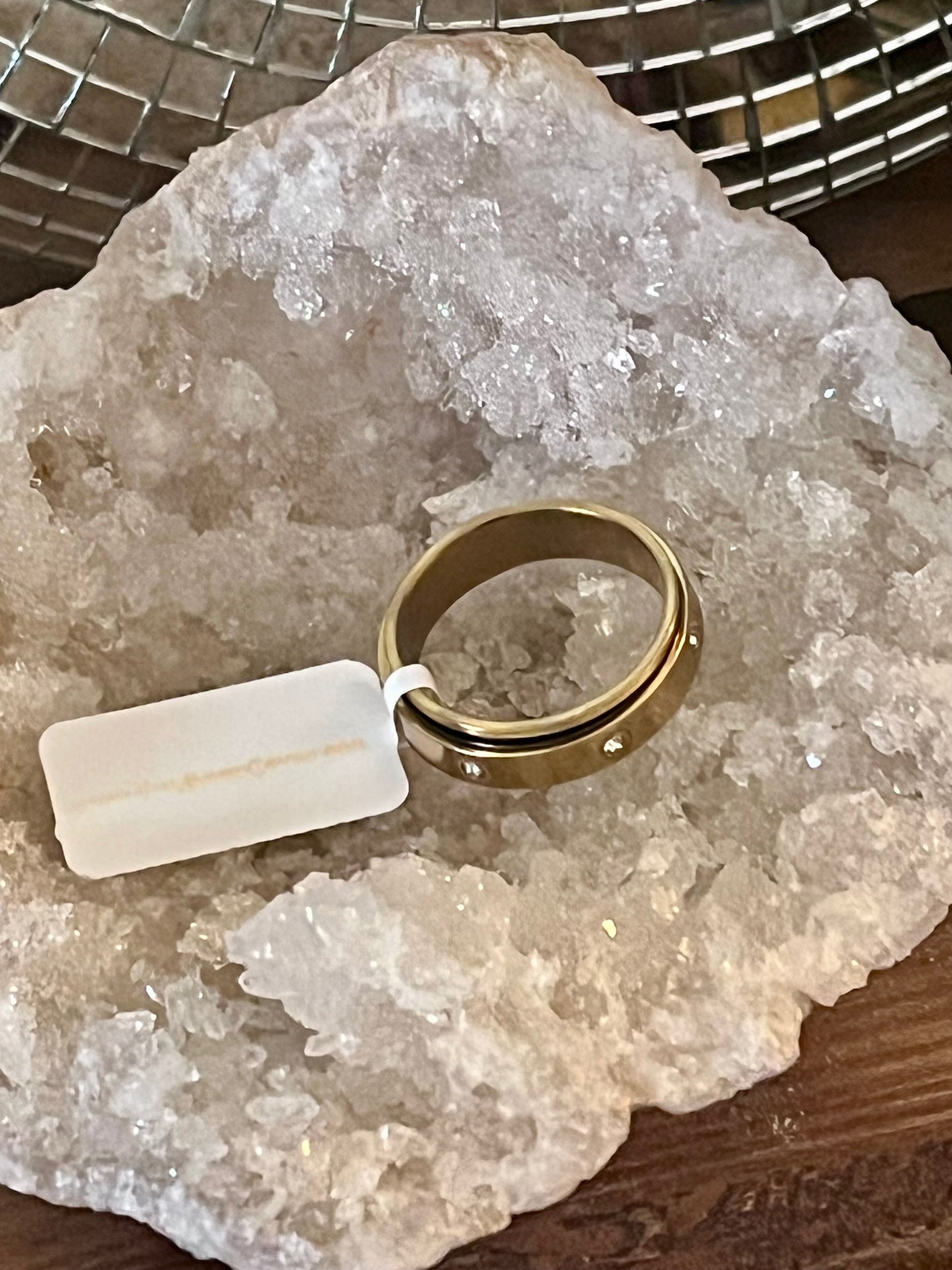 Gold Stainless Steel Anti-Anxiety Spinner Ring with Crystal Accents – Rotating Fidget Stress Relief Band in