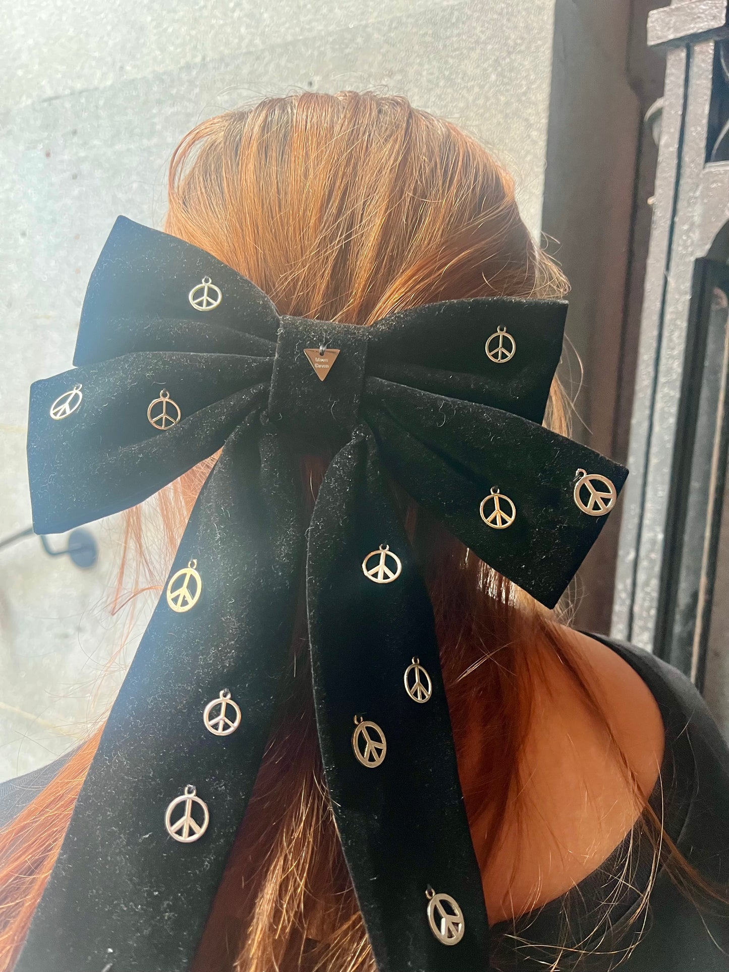Black Velvet Peace Bow – Hair Clip with Silver Charms