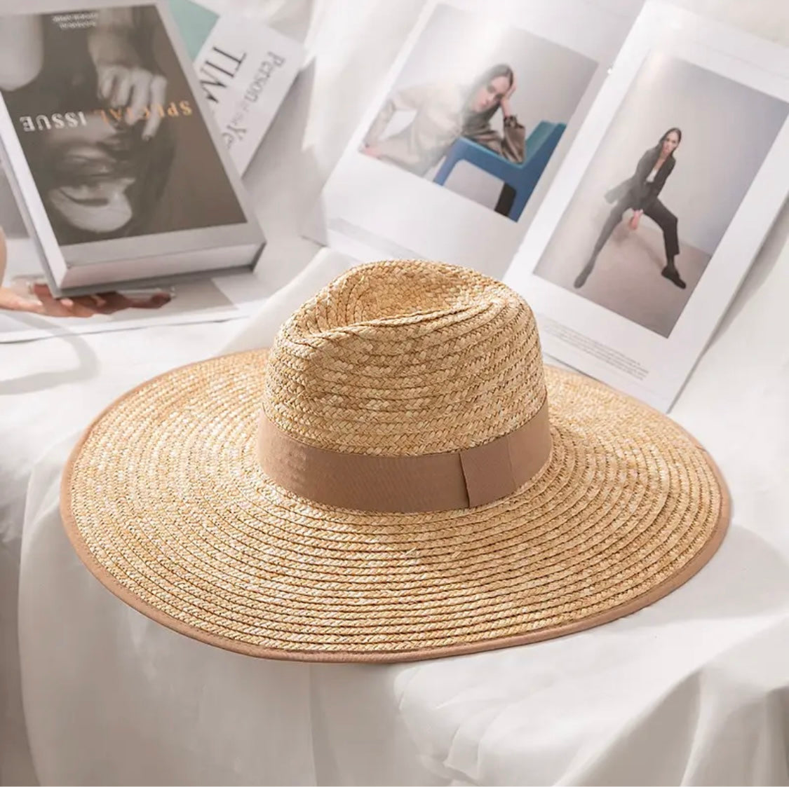 Bora Bora Large Brim Natural Straw Sun Hat with Beige Sand Grosgrain Trim