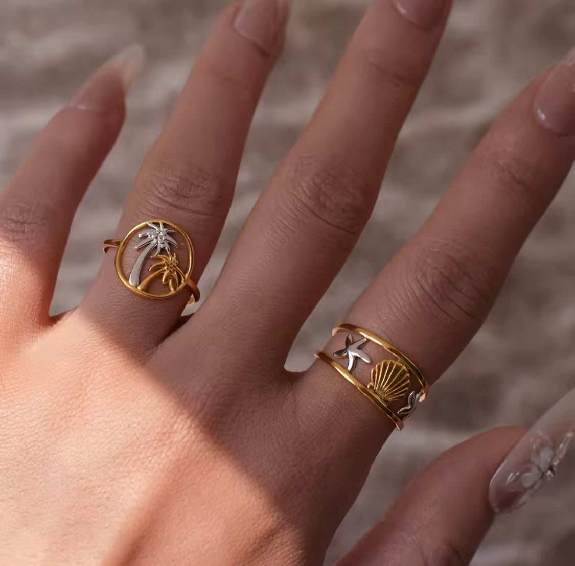 Gold Stainless Steel Palm Tree Adjustable Ring – Tropical Boho Jewelry