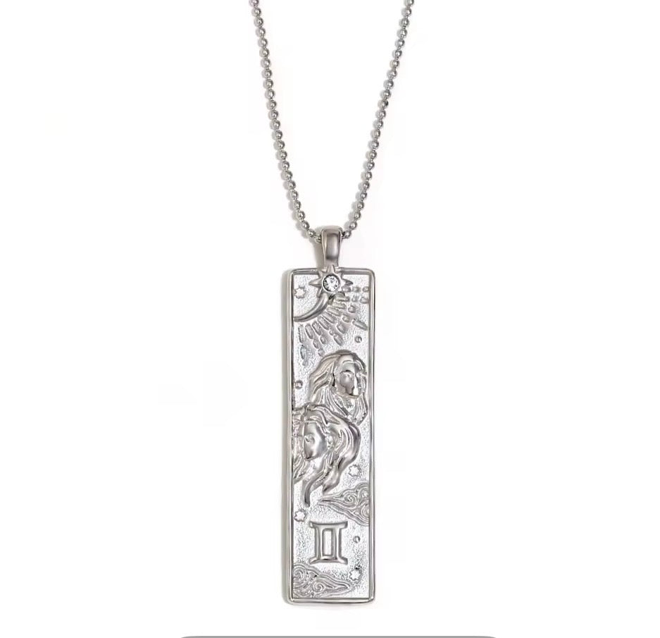 Gemini Zodiac Amulet Necklace Silver Waterproof Stainless Steel
