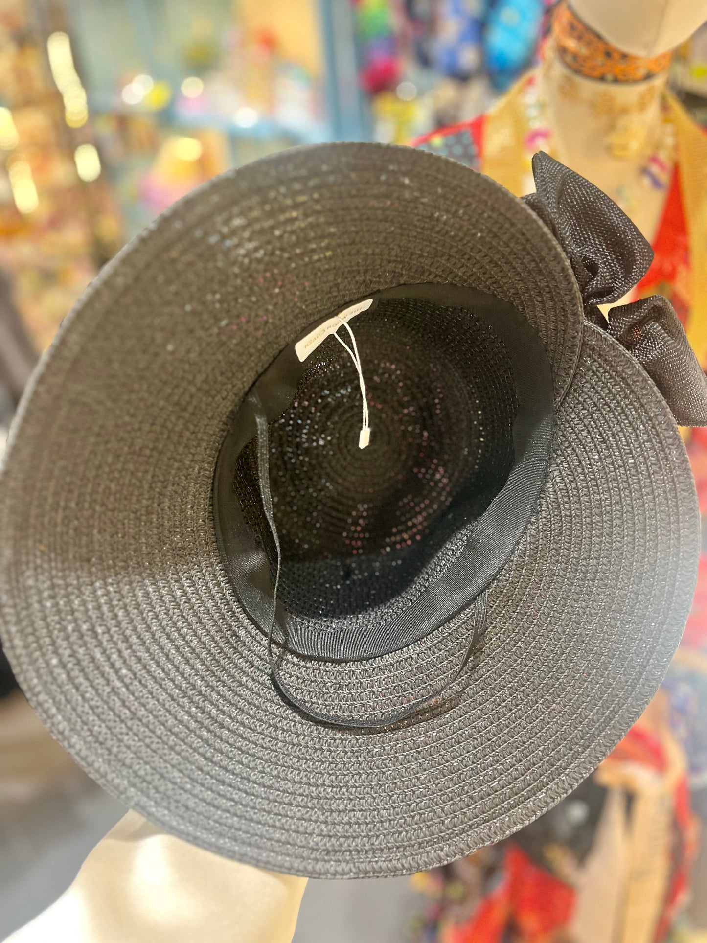 Black Wide Brim Sun Hat with Oversized Bow & Adjustable Chin Strap