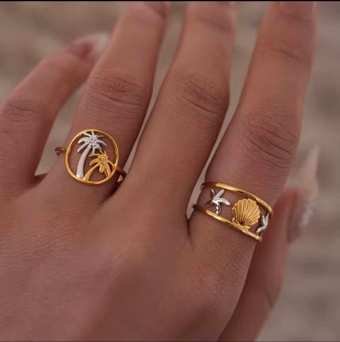 Gold Stainless Steel Palm Tree Adjustable Ring – Tropical Boho Jewelry