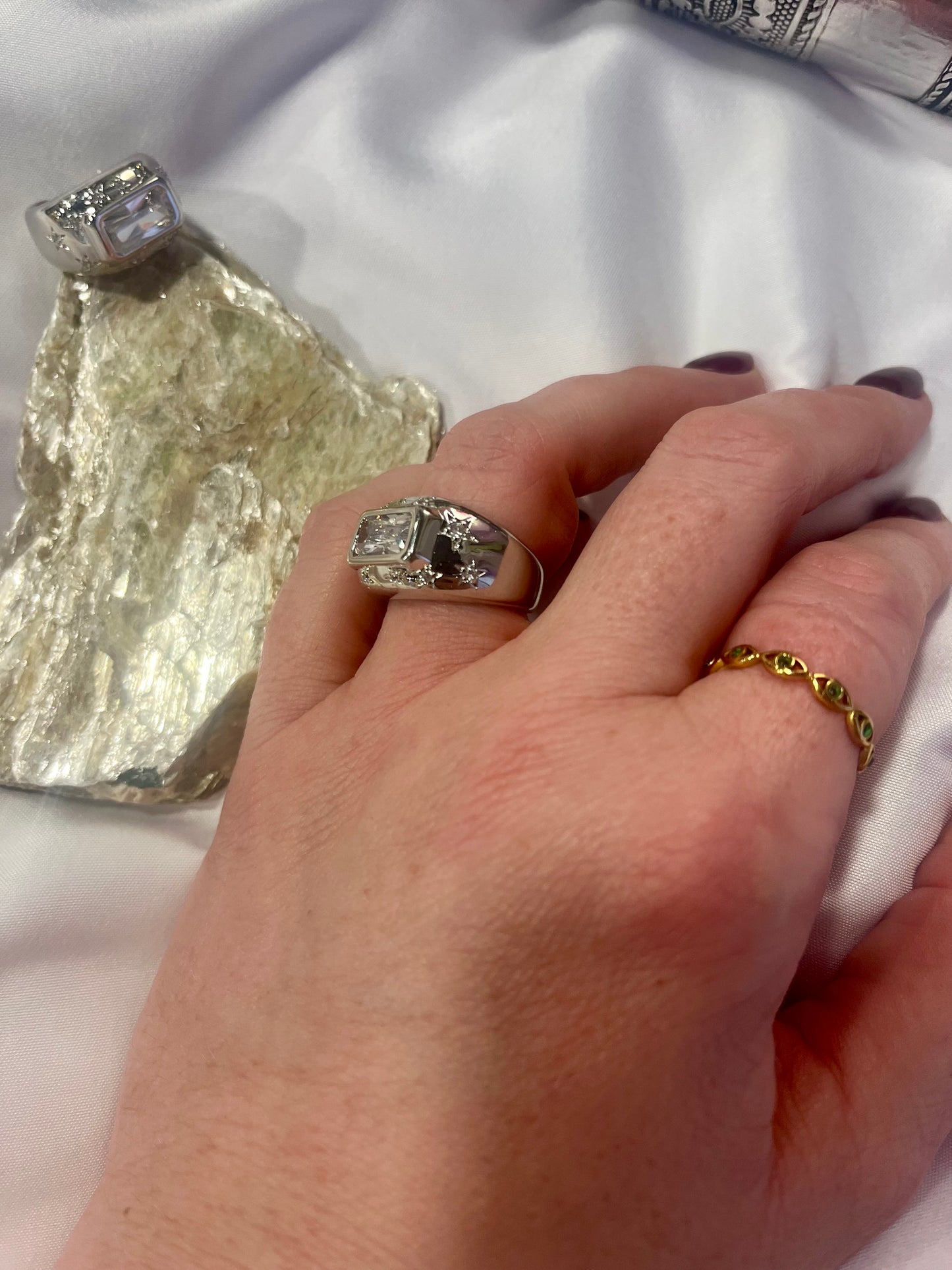Celestial Rectangle CZ Ring –waterproof Silver