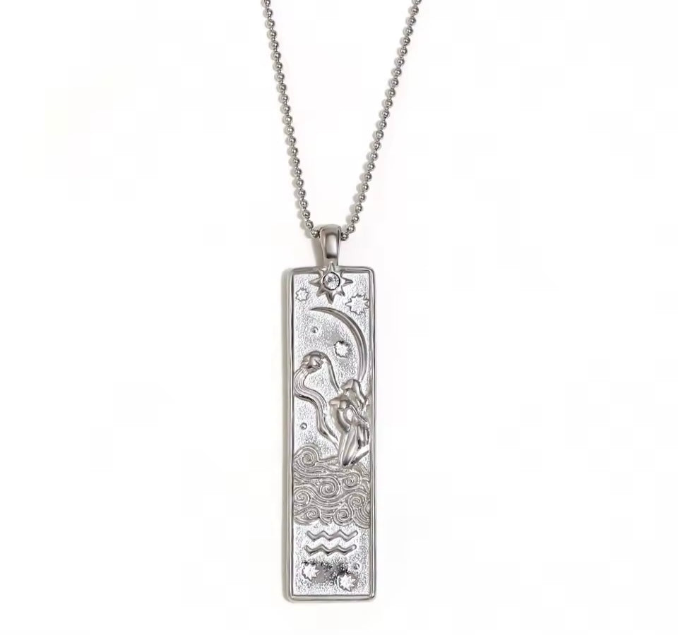 Aquarius Zodiac Amulet Necklace Silver Waterproof Stainless Stee