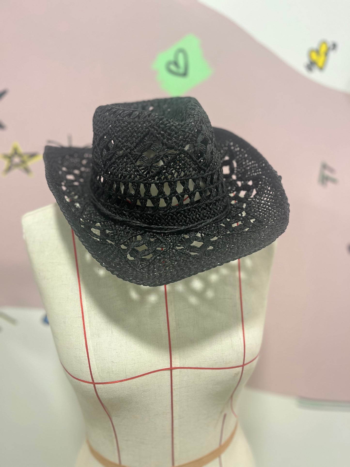 Black Boho Straw Cowboy Hat – Adjustable Summer Festival Style