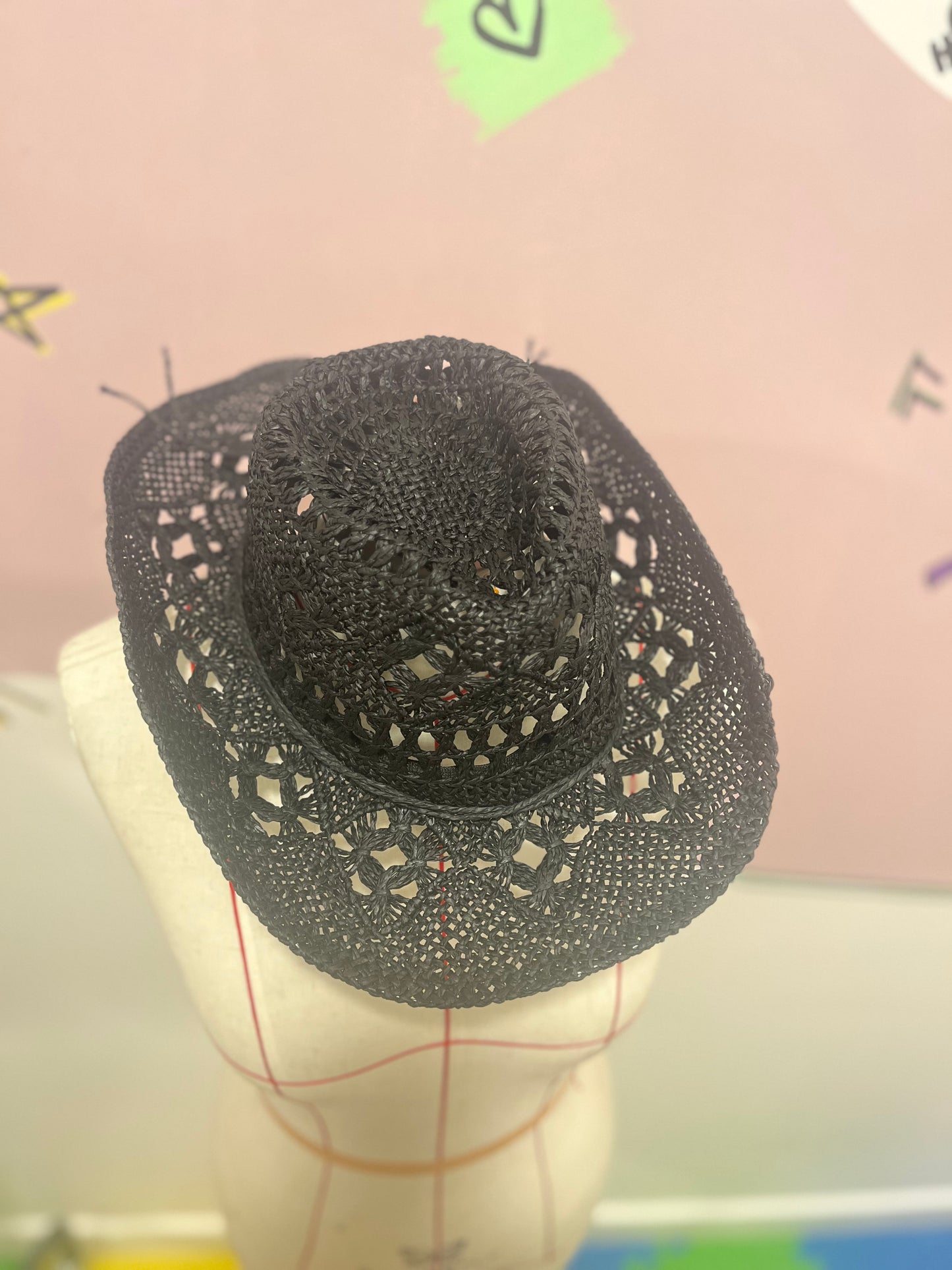 Black Boho Straw Cowboy Hat – Adjustable Summer Festival Style