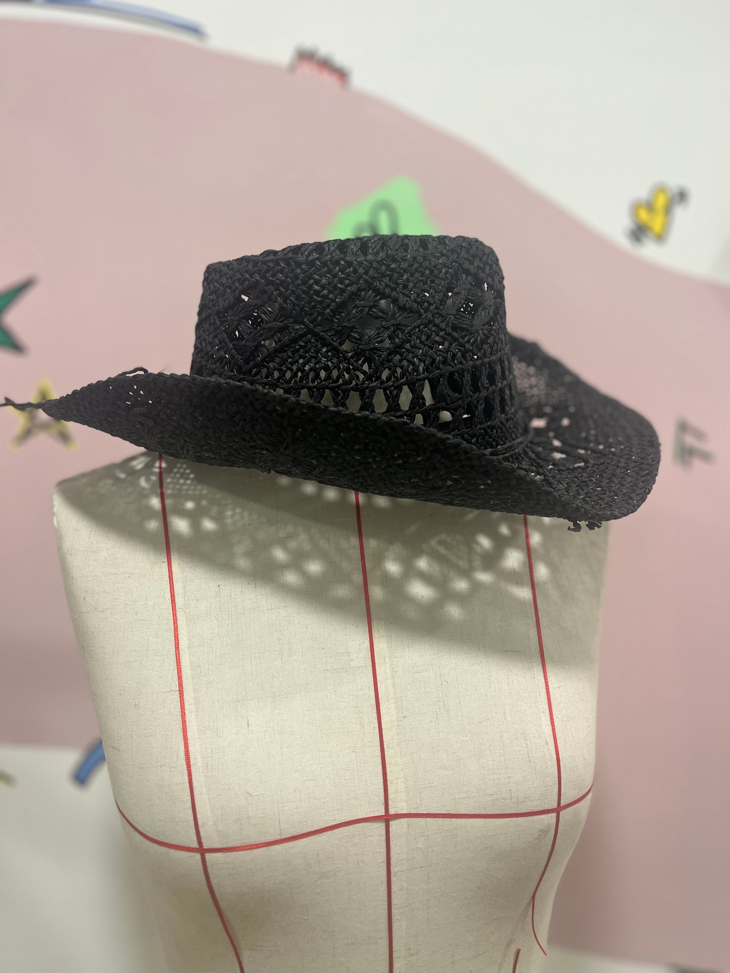 Black Boho Straw Cowboy Hat – Adjustable Summer Festival Style