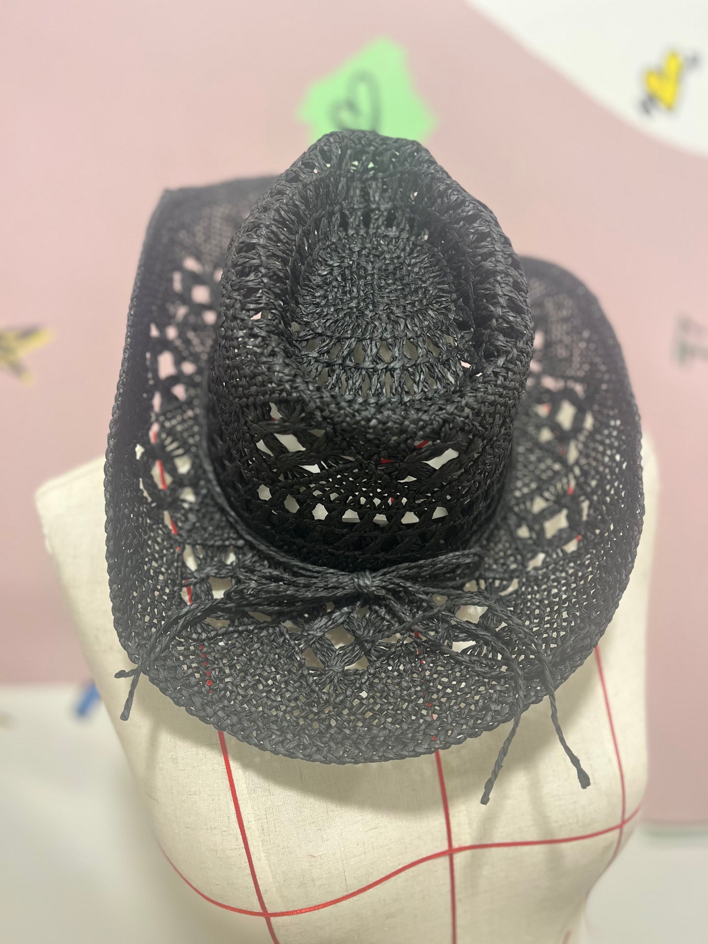 Black Boho Straw Cowboy Hat – Adjustable Summer Festival Style
