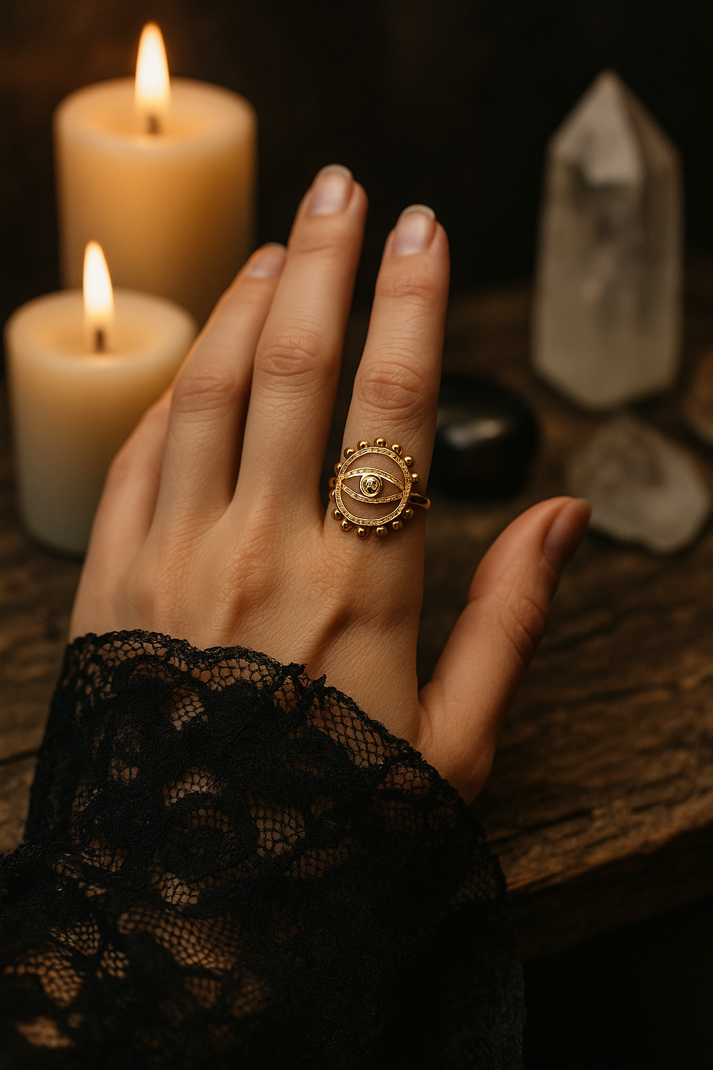 Gold Stainless Steel Evil Eye Adjustable Ring – Protection & Boho Jewelry