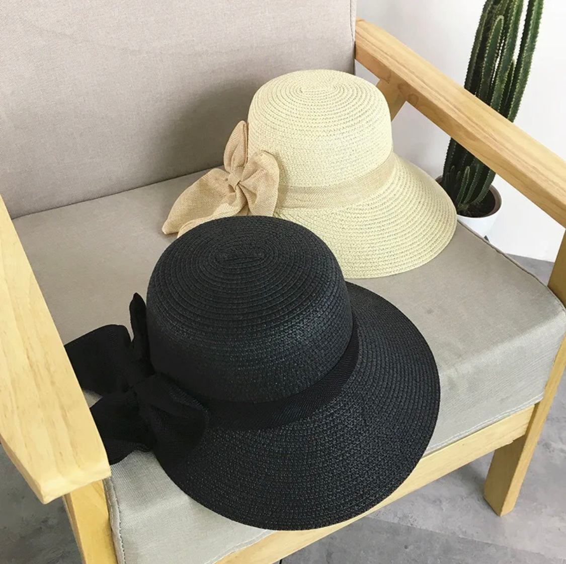 Black Wide Brim Sun Hat with Oversized Bow & Adjustable Chin Strap