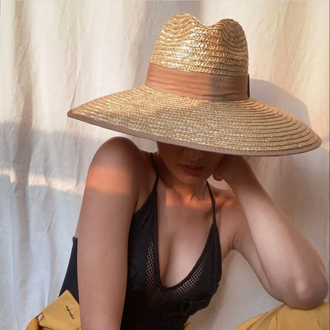 Bora Bora Large Brim Natural Straw Sun Hat with Beige Sand Grosgrain Trim