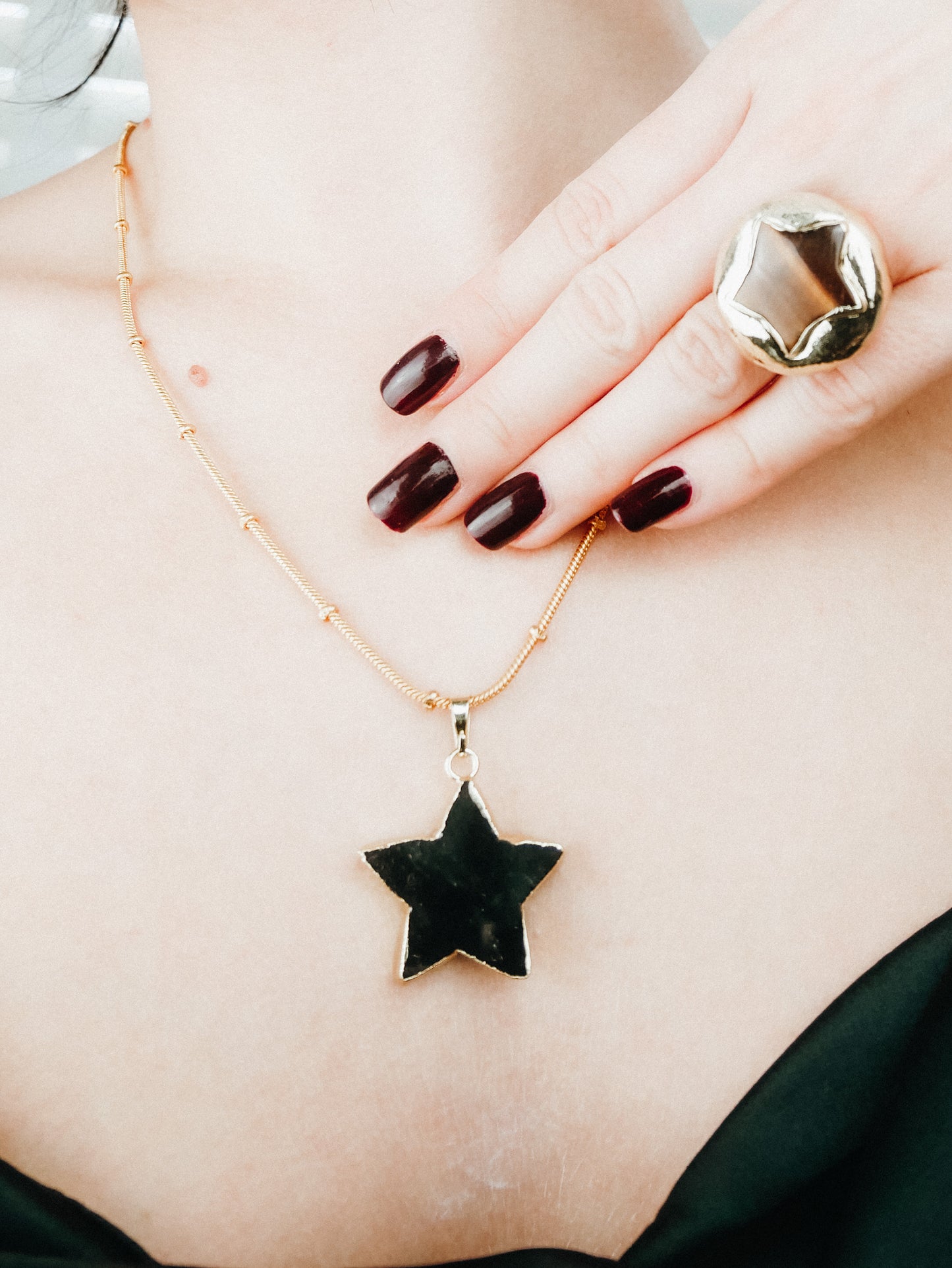 Black obsidian star gold necklace