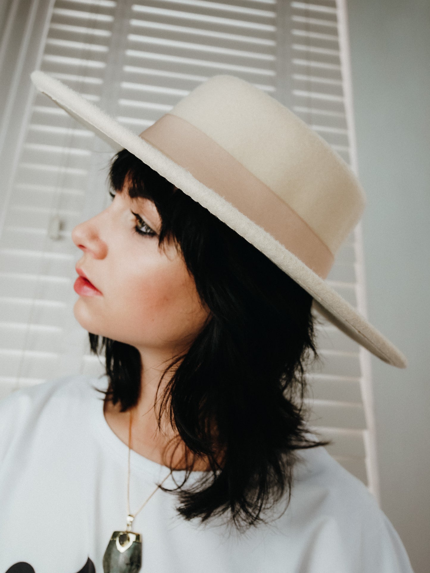 Circe cream ribbon wide brim flat top hat