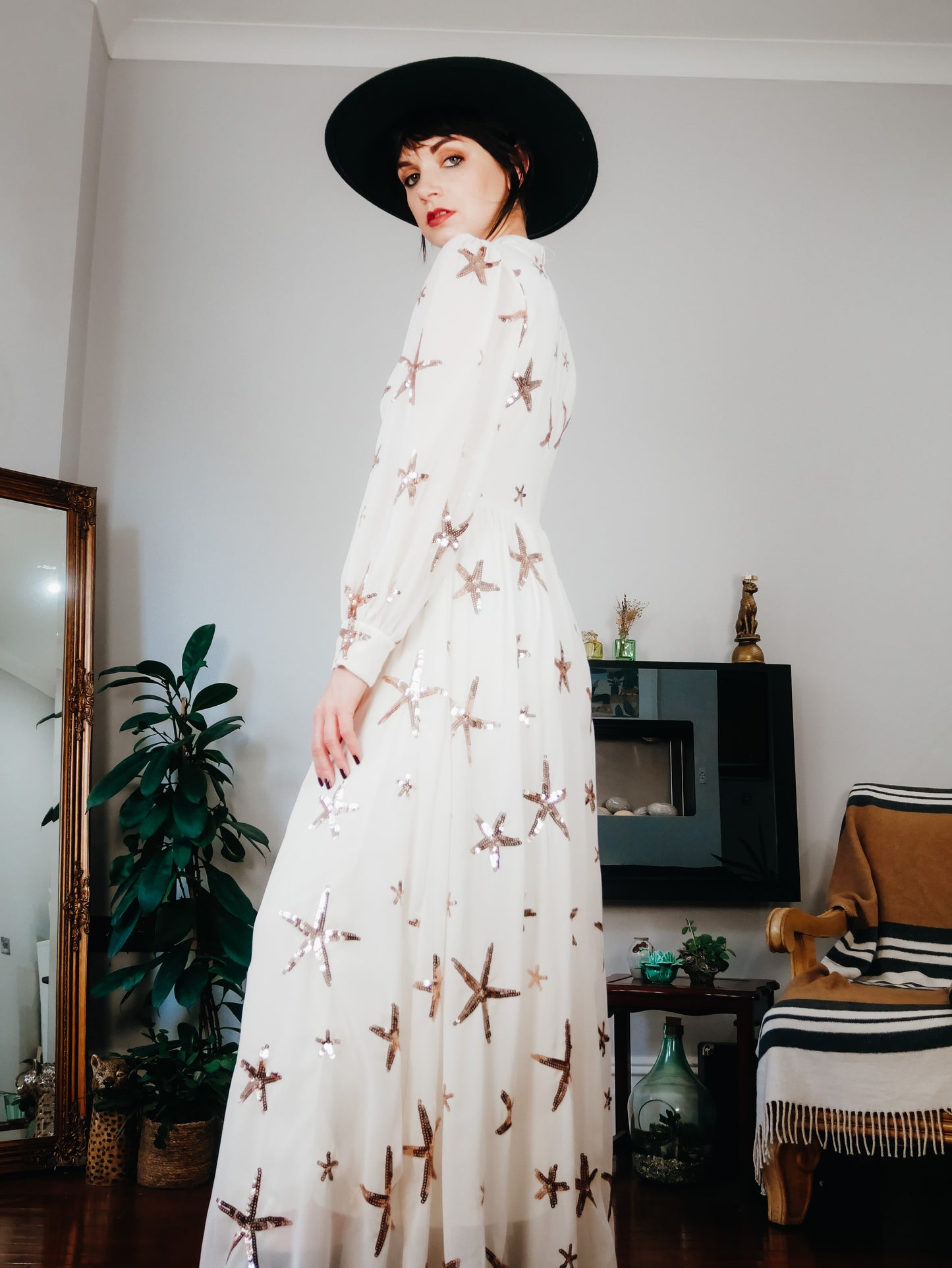 Stellar Sequin Star Long Maxi Dress In Cream Bronze