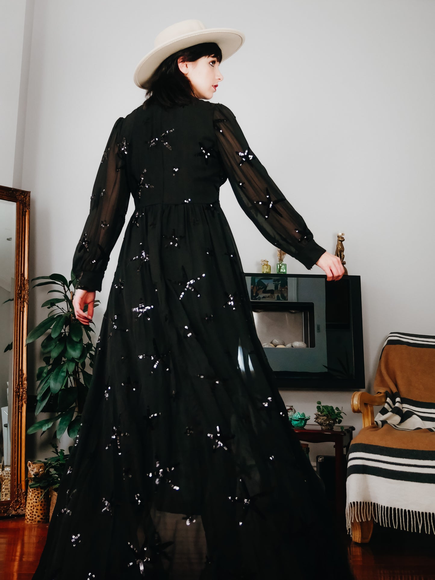 Stellar Sequin Star Long sleeve Maxi Dress In Black