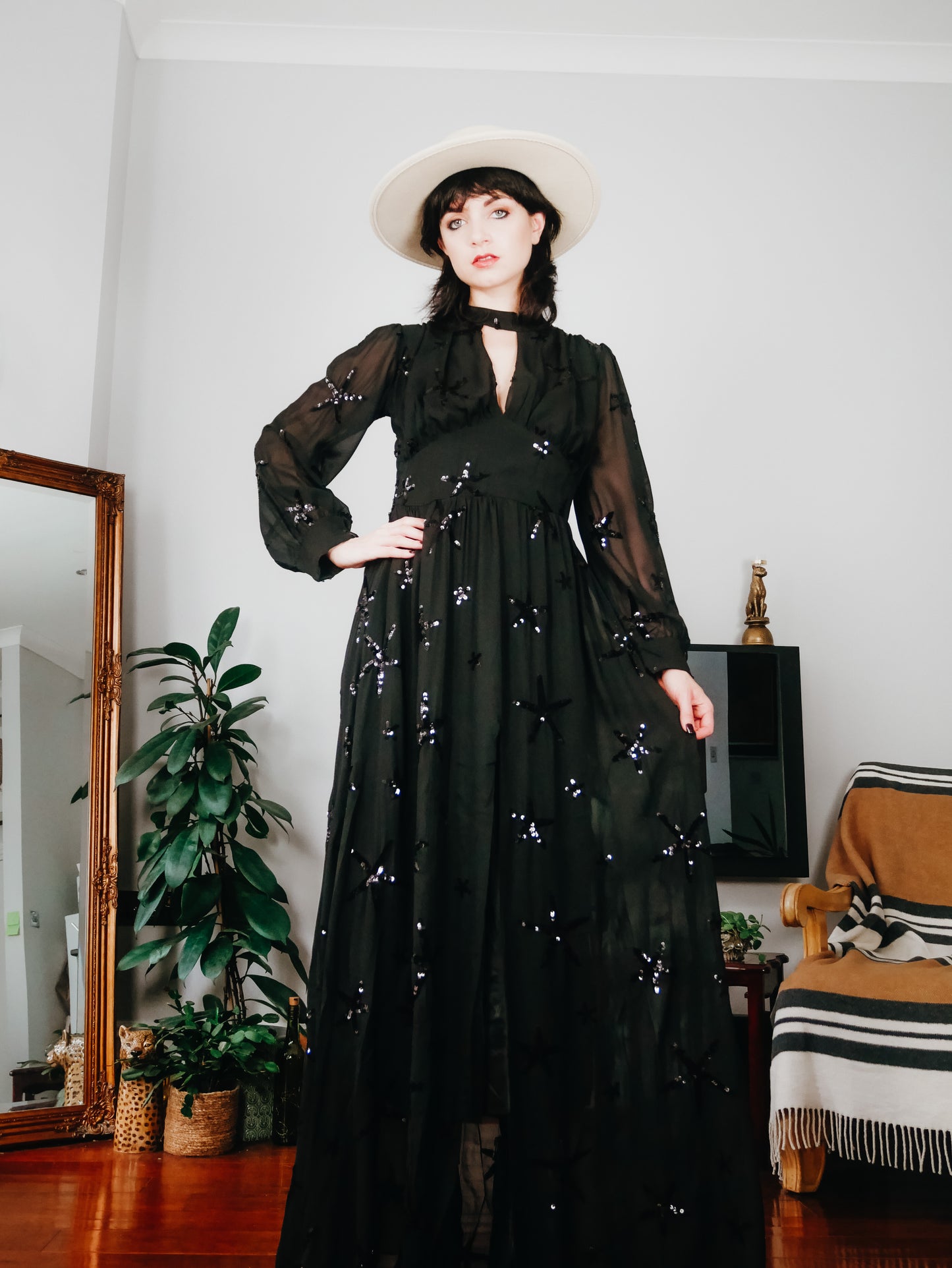 Stellar Sequin Star Long sleeve Maxi Dress In Black