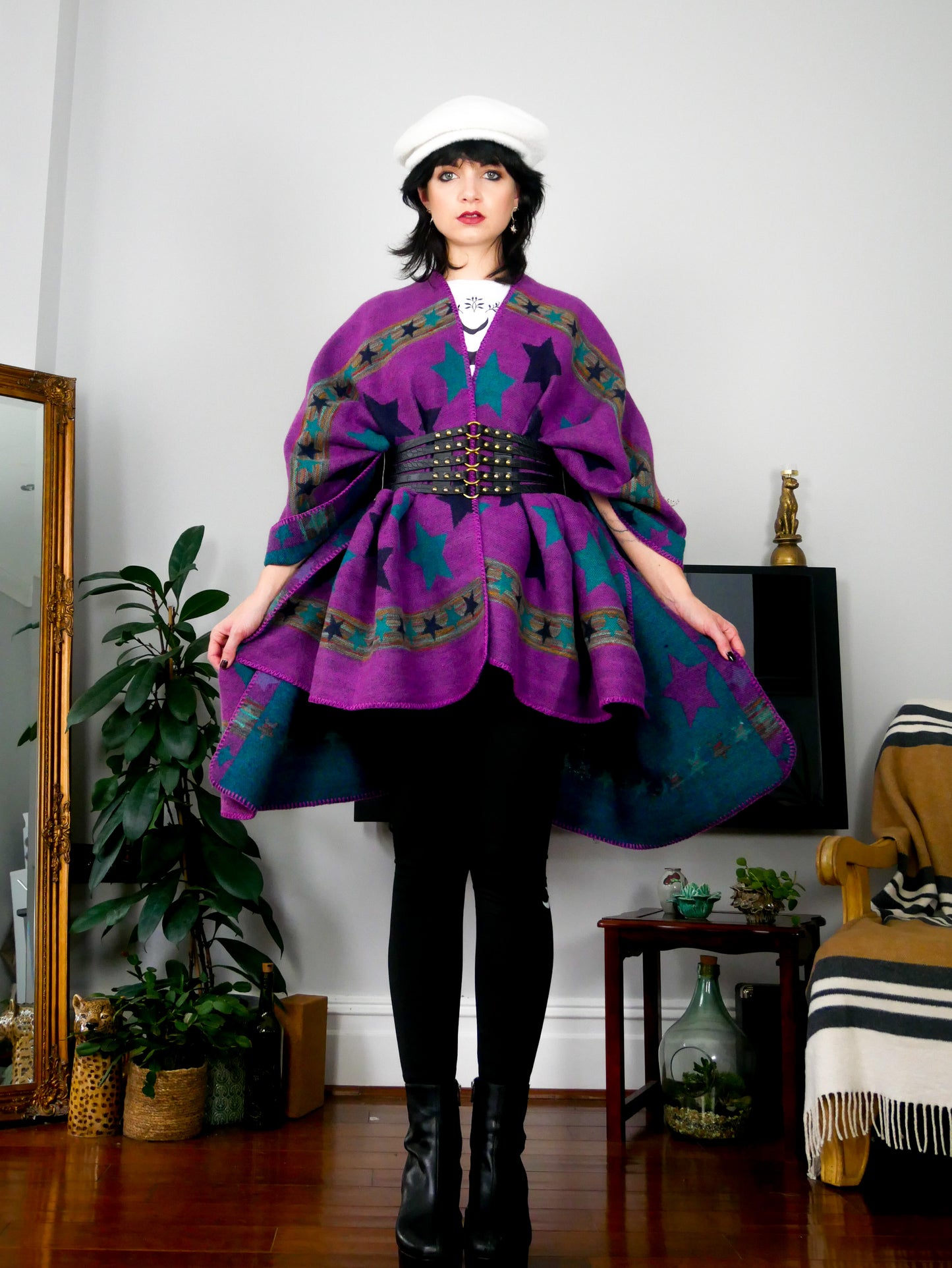 Fuchsia and blue star print kimono shawl