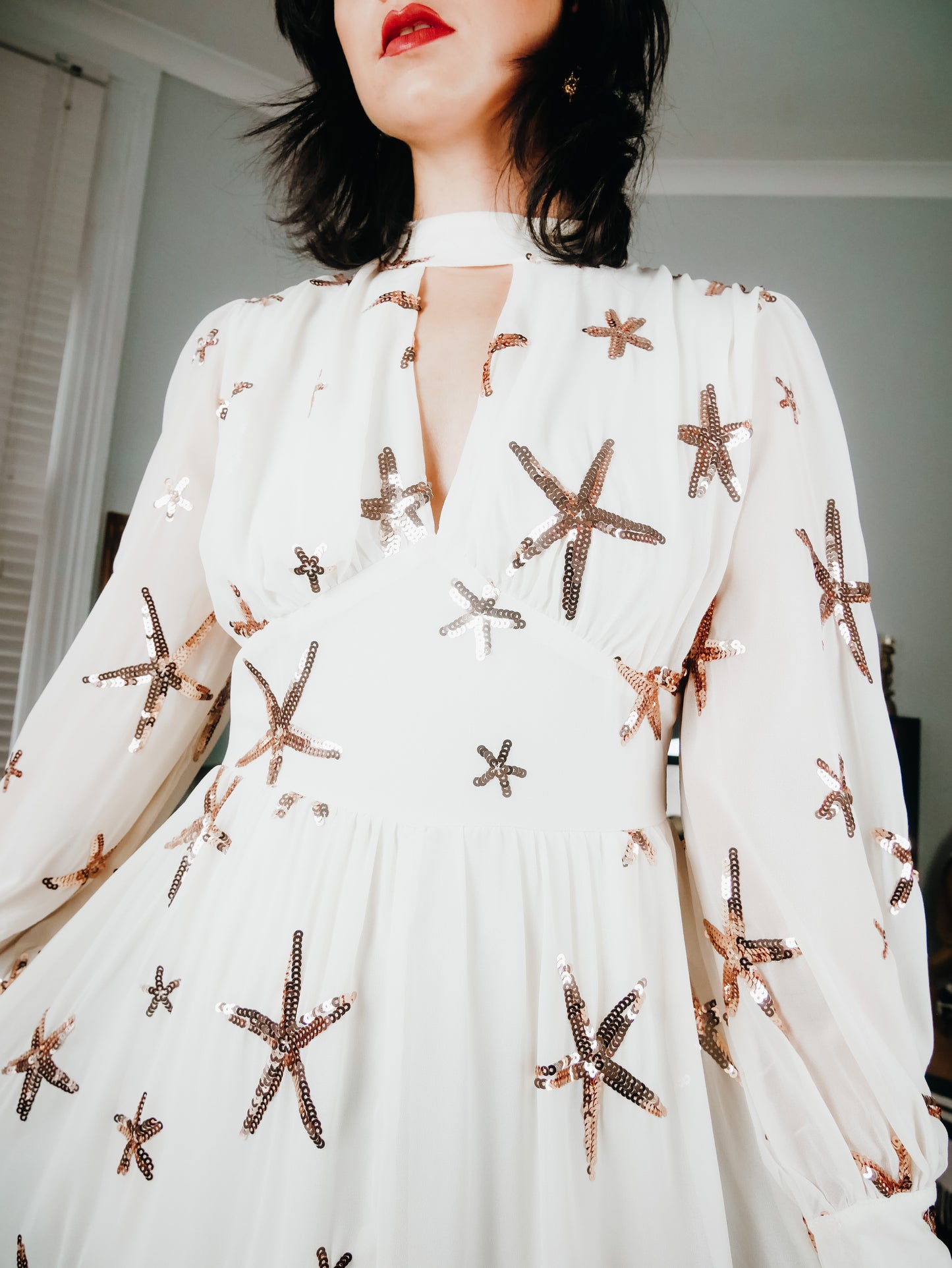 Stellar Sequin Star Long Maxi Dress In Cream Bronze