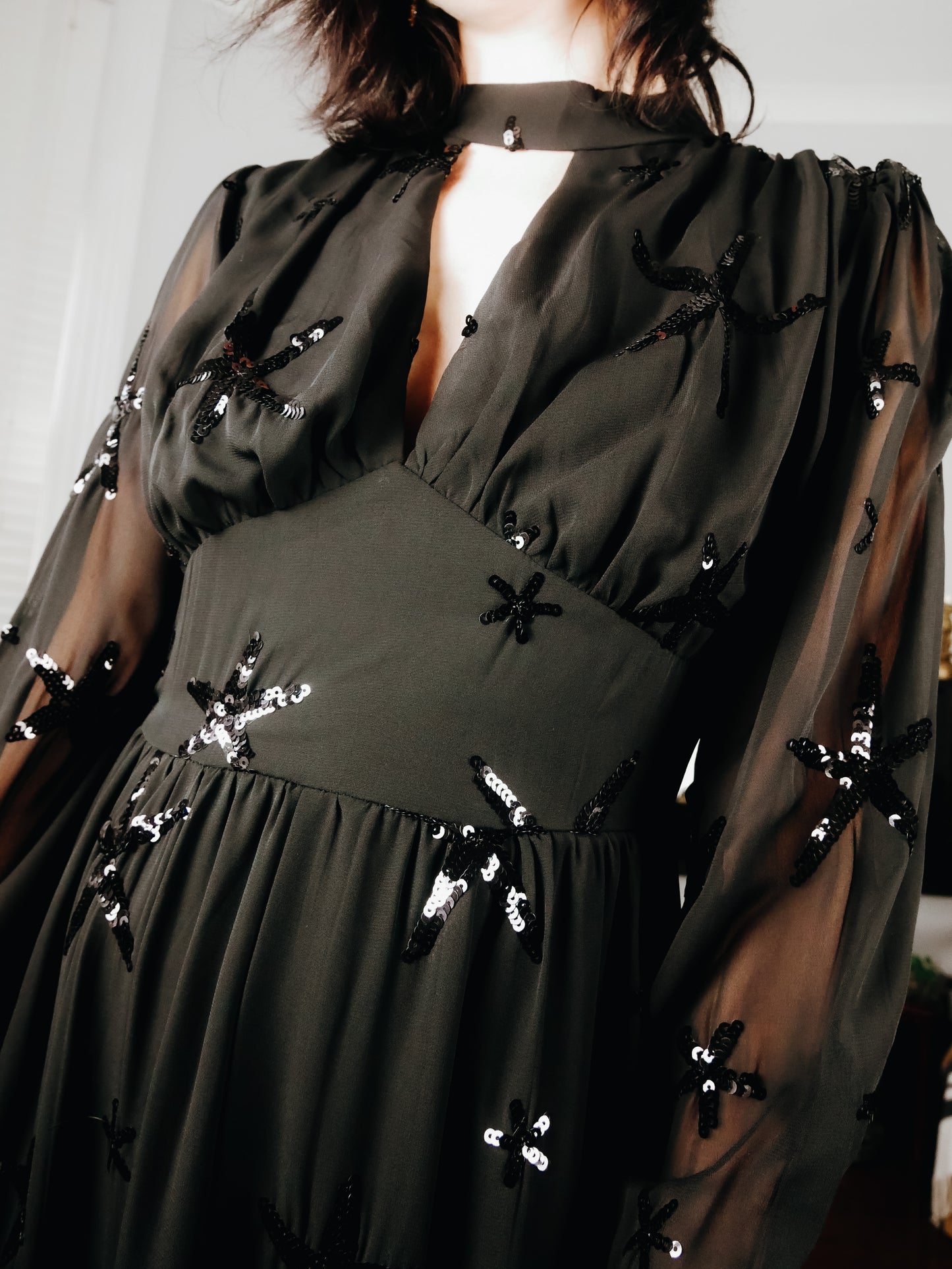 Stellar Sequin Star Long Maxi Dress In Cream Bronze