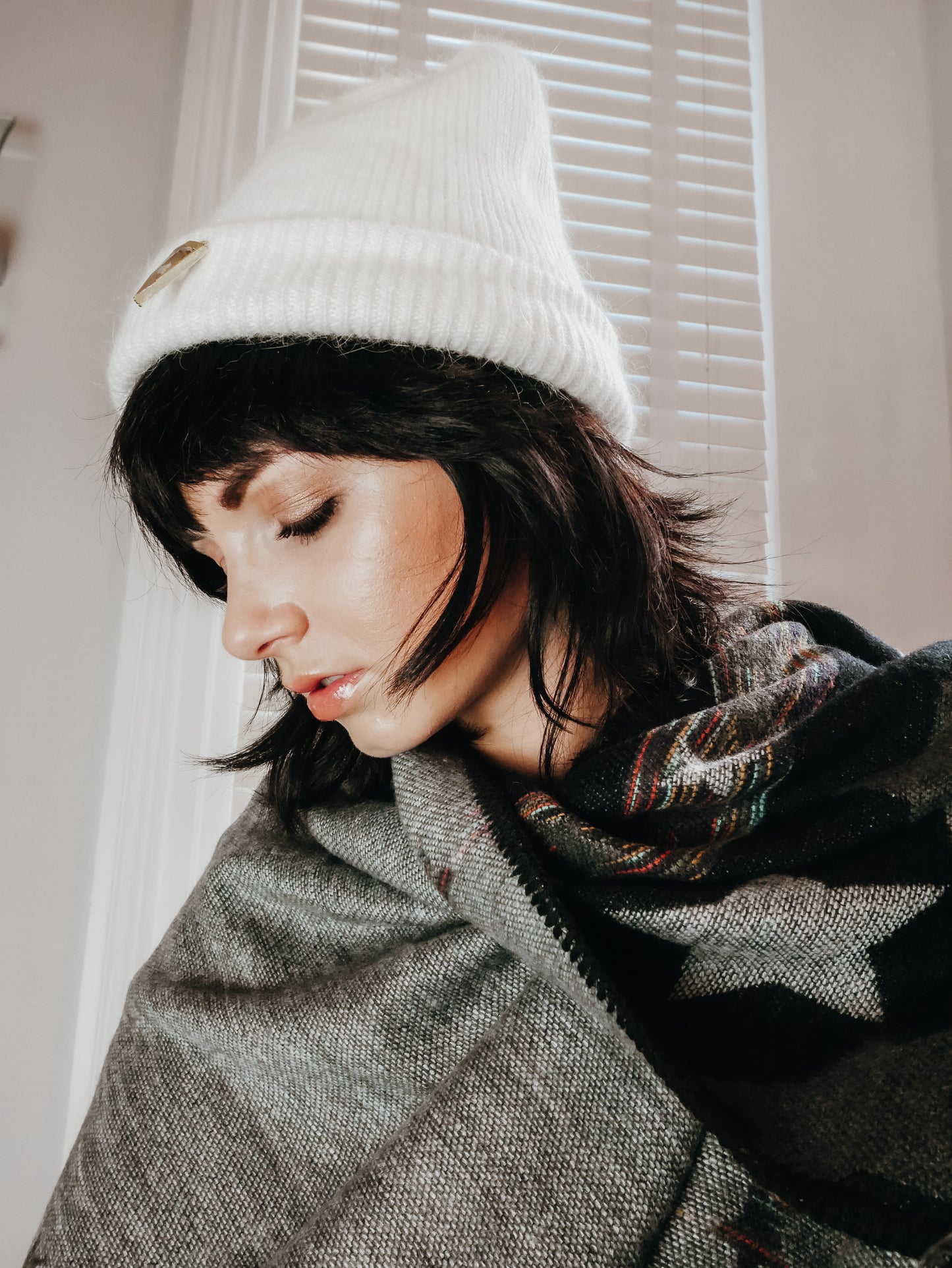 Clear Quartz white cashmere wool beanie hat