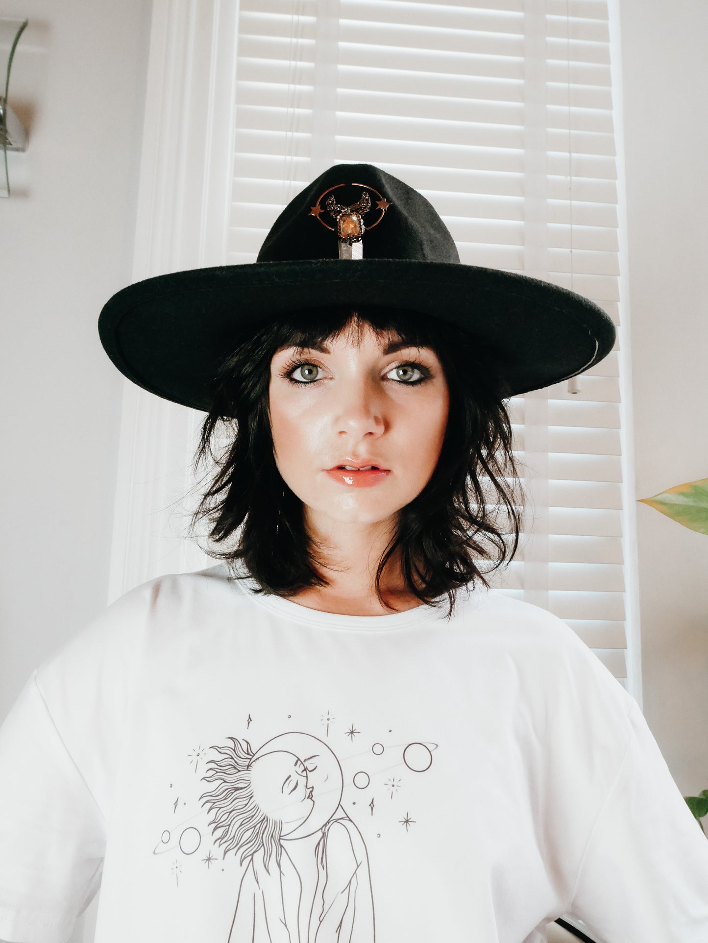 Moon Star Clear Quartz large brim black fedora hat