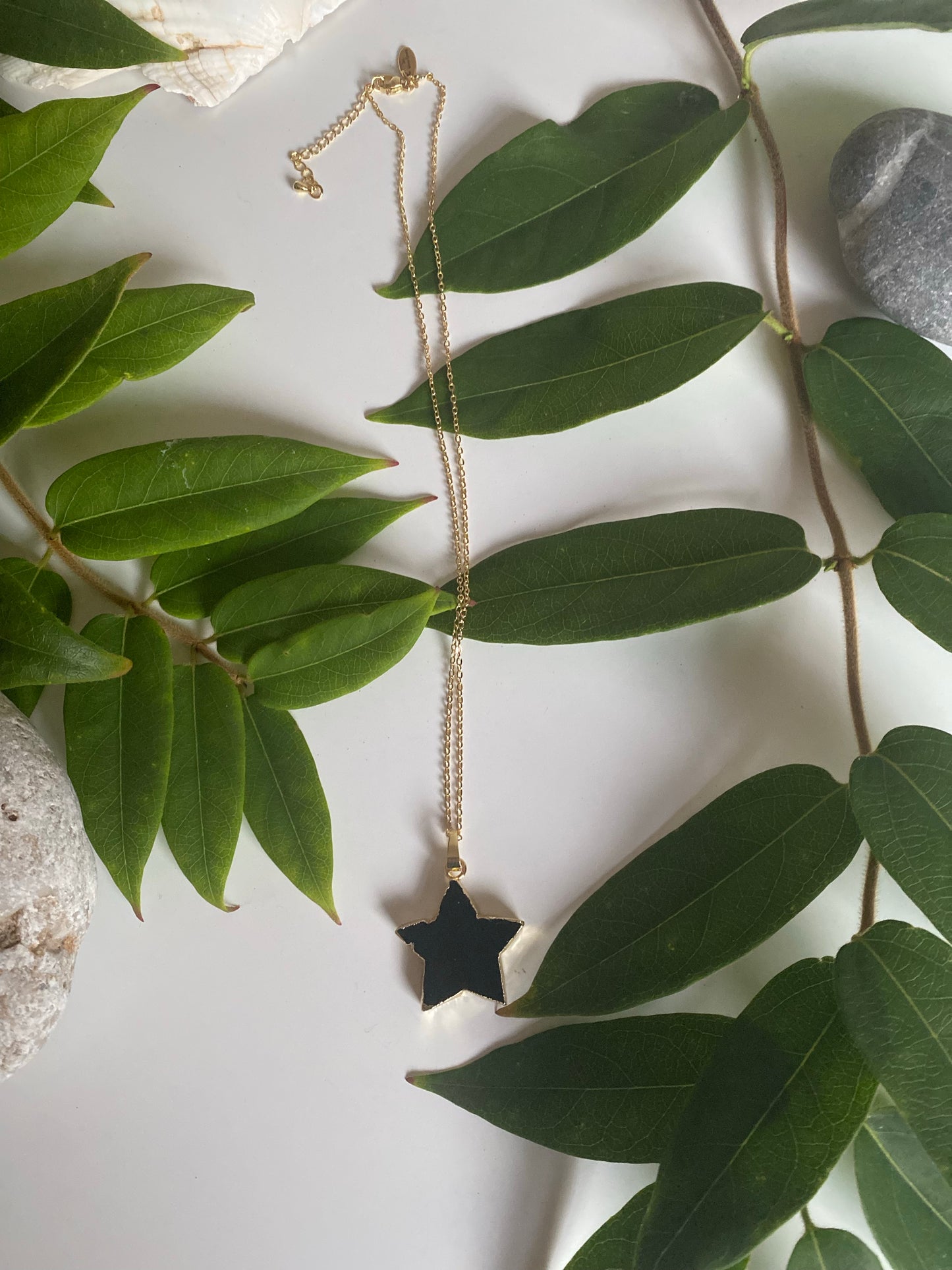Black obsidian star gold necklace