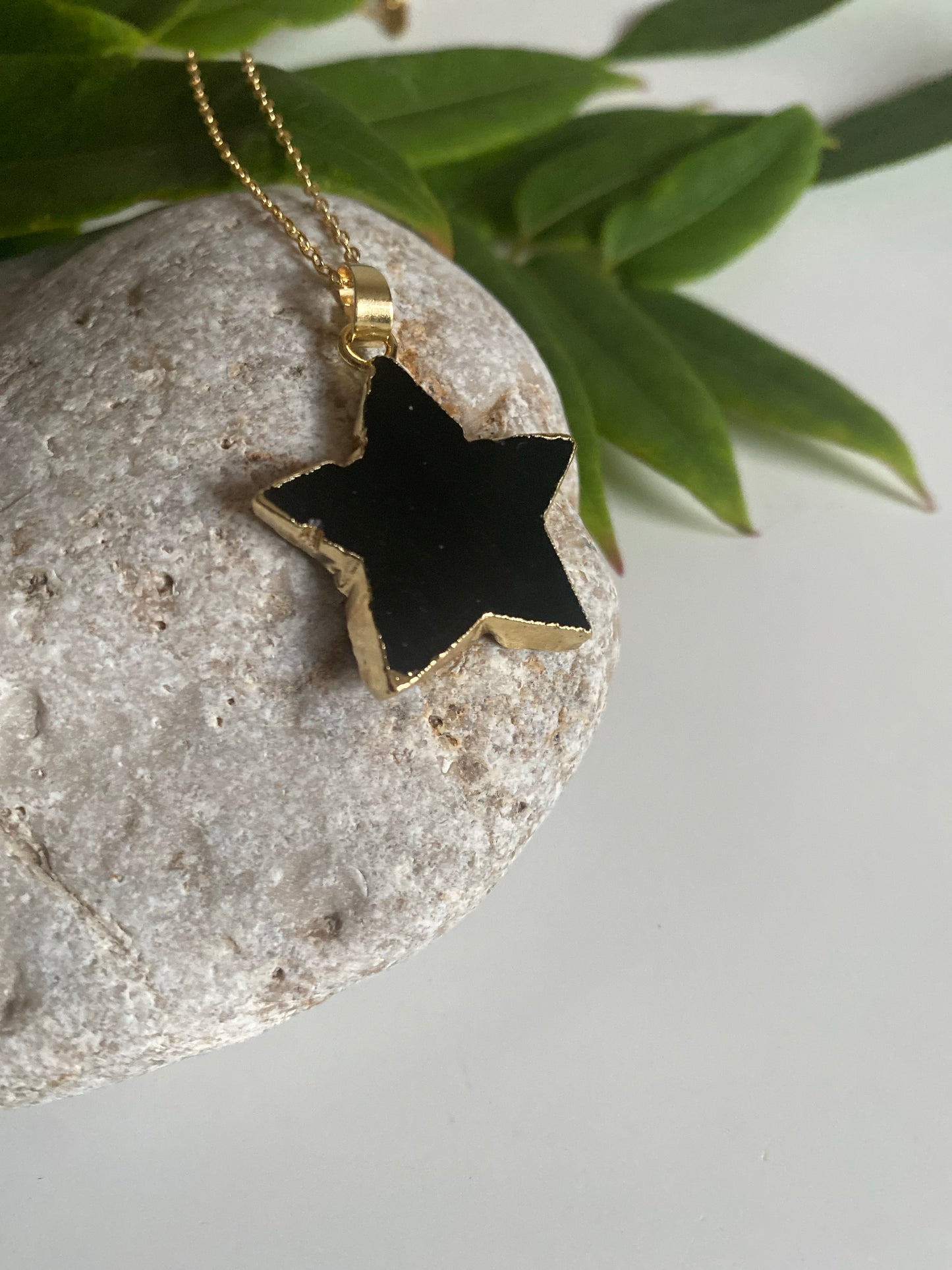 Black obsidian star gold necklace