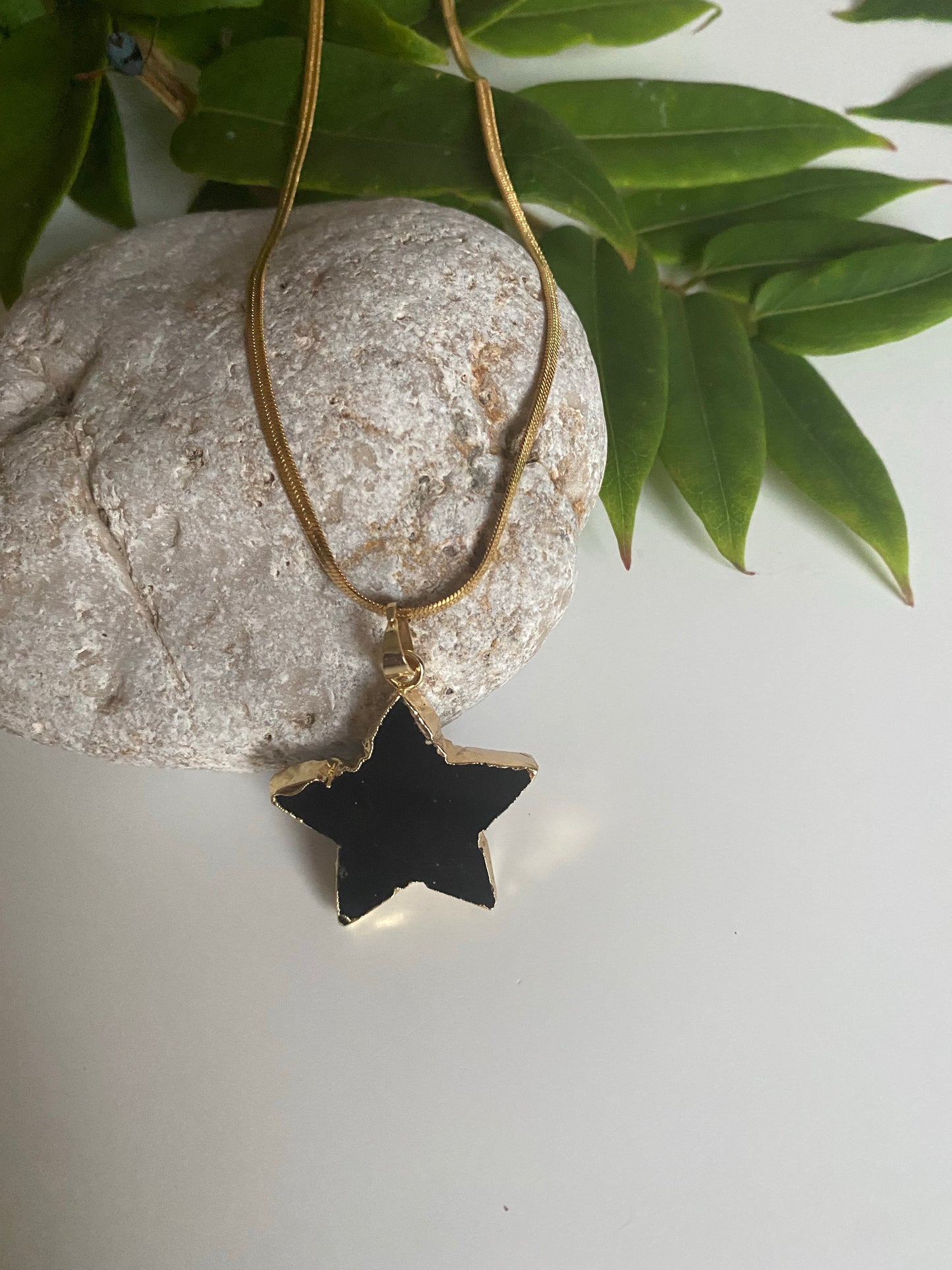 Black obsidian star gold necklace