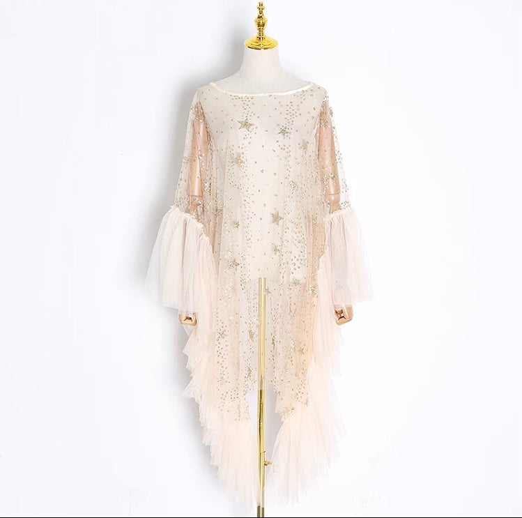 Cream ruffle Sheer smock star dress top