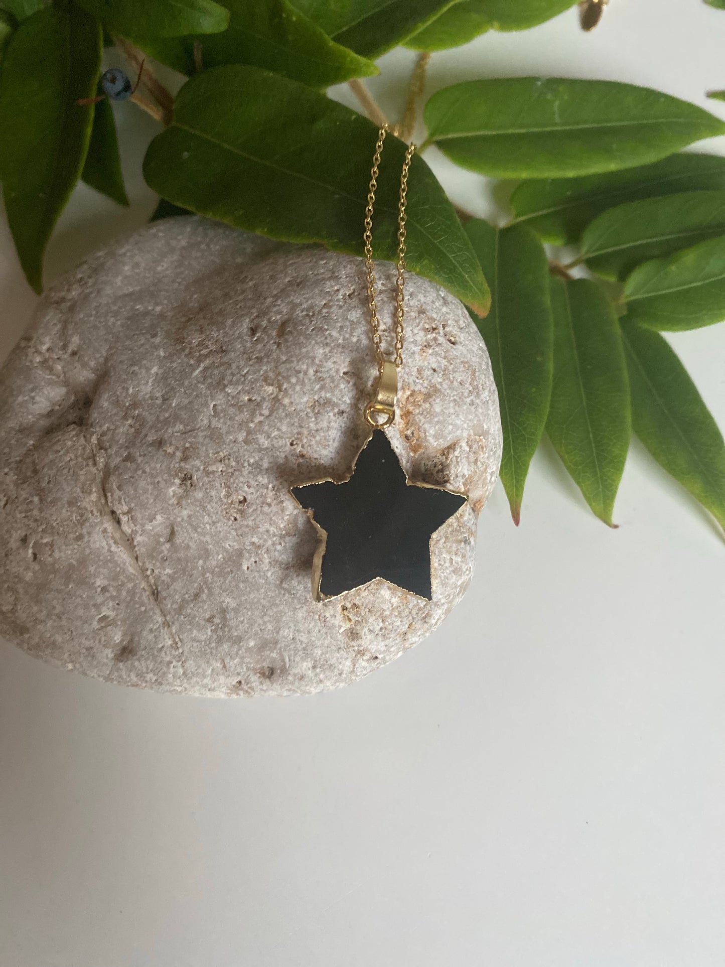 Black obsidian star gold necklace