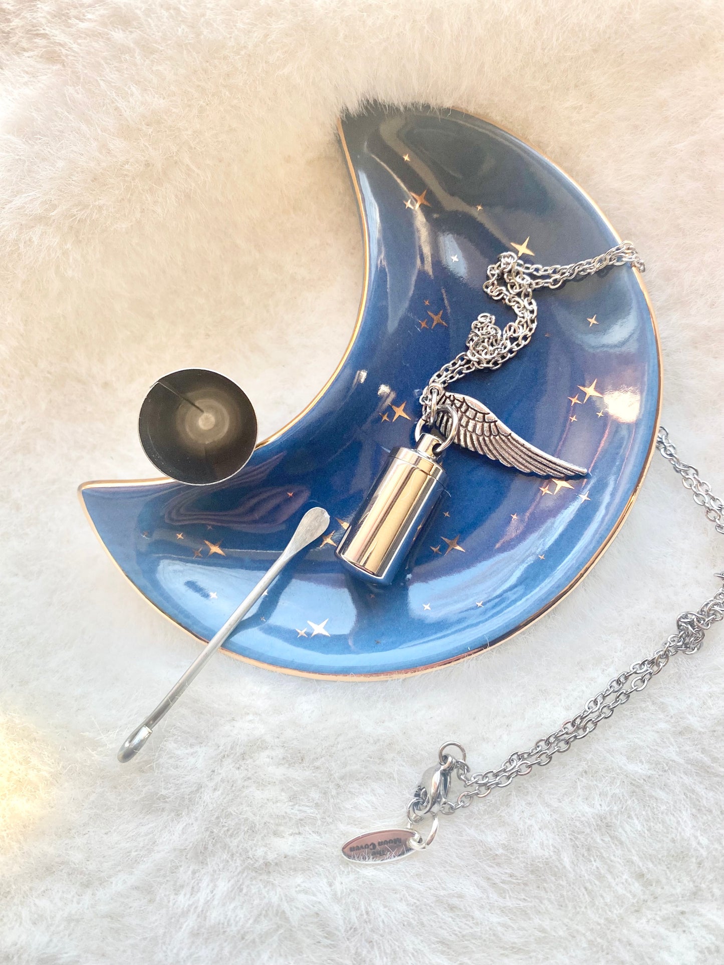 Silver cremation memorial cylinder angel necklace