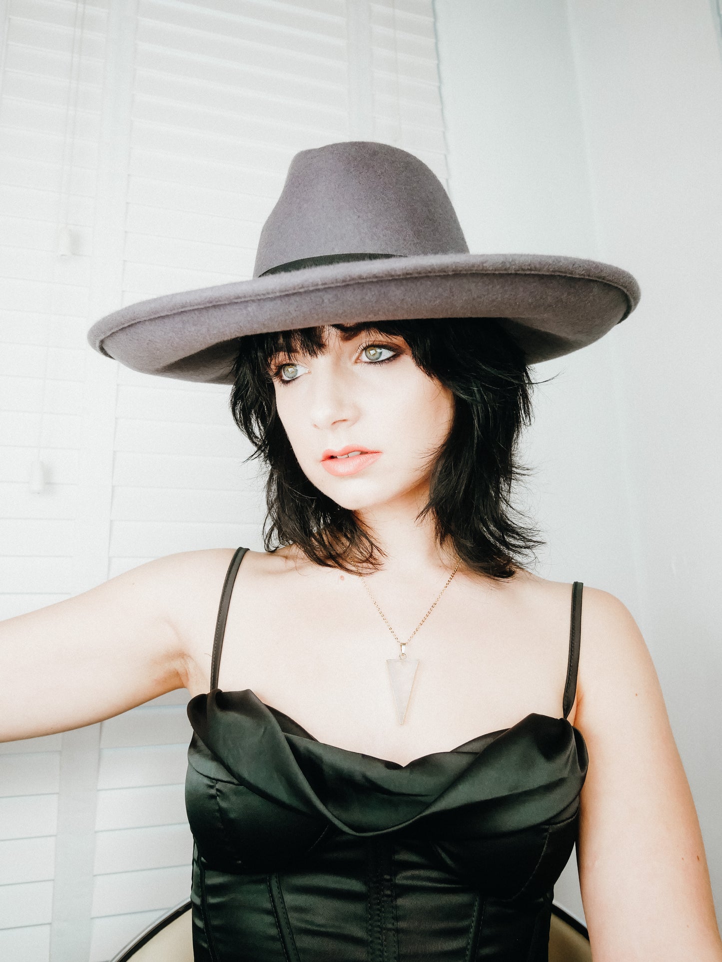 Goddess Grande slate grey large brim fedora hat