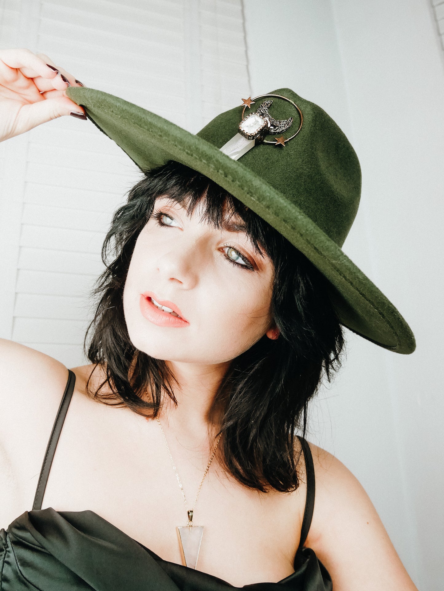 Moon Star Clear Quartz Green Large Brim Fedora Hat