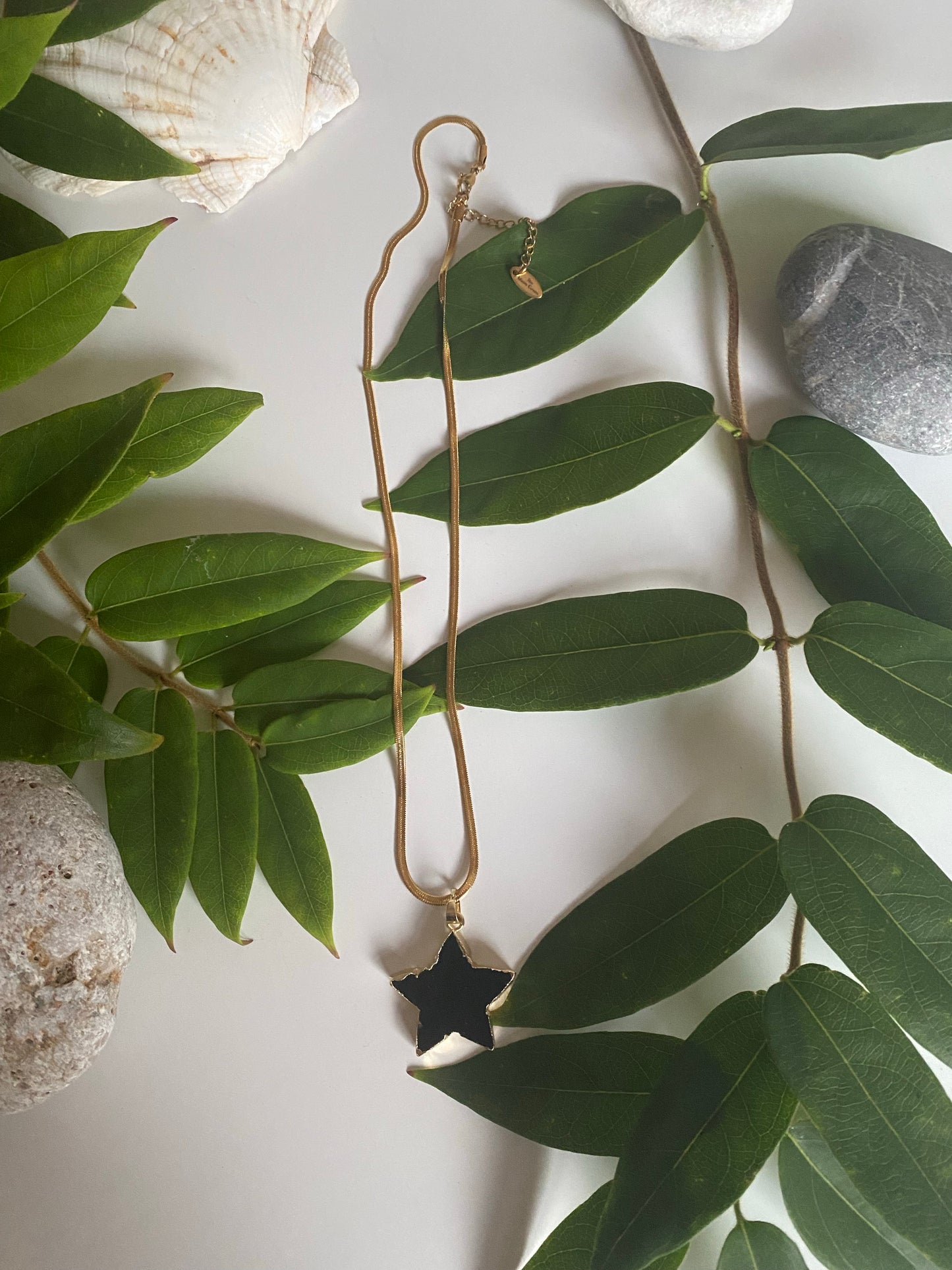 Black obsidian star gold necklace