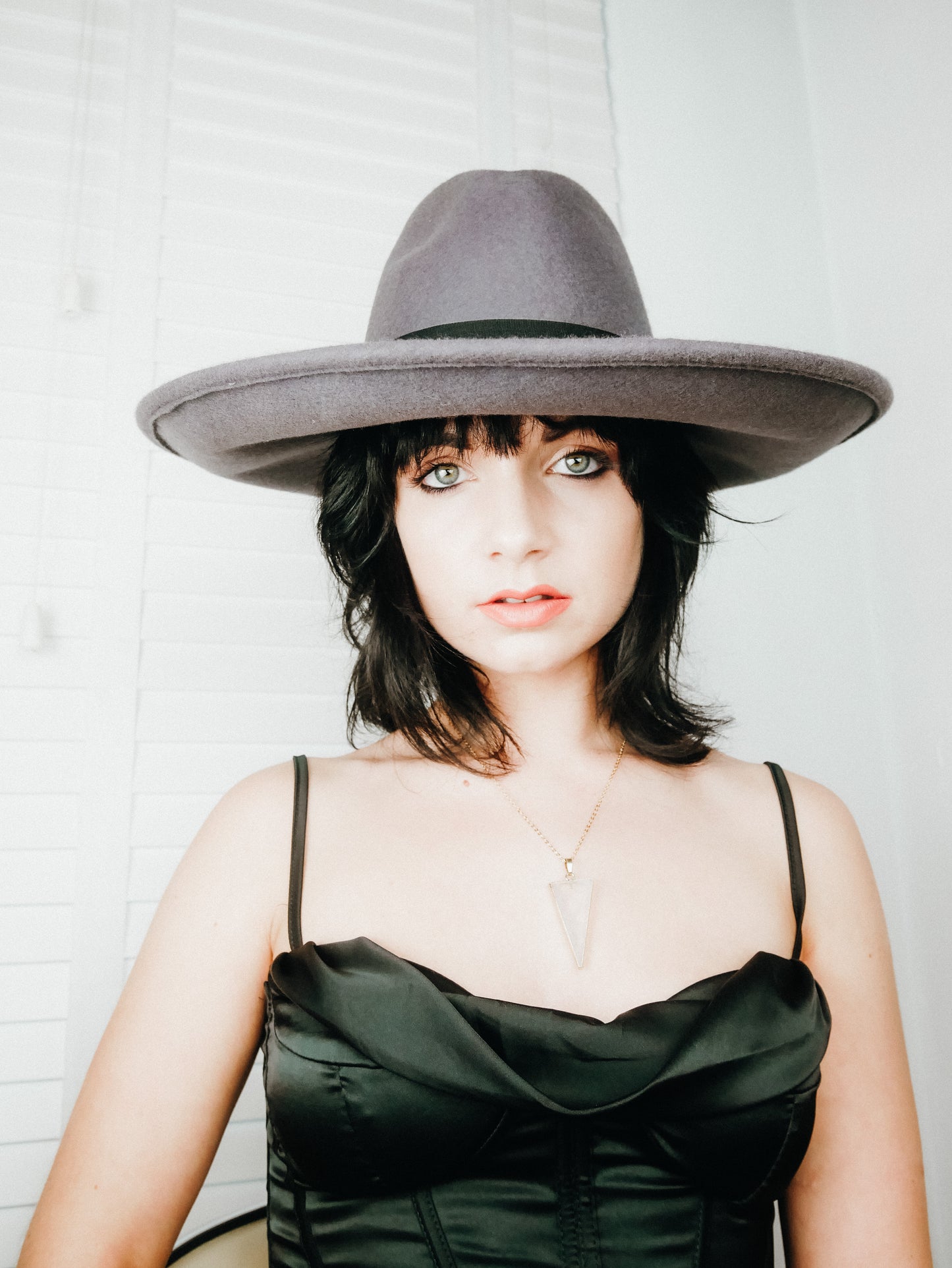 Goddess Grande slate grey large brim fedora hat