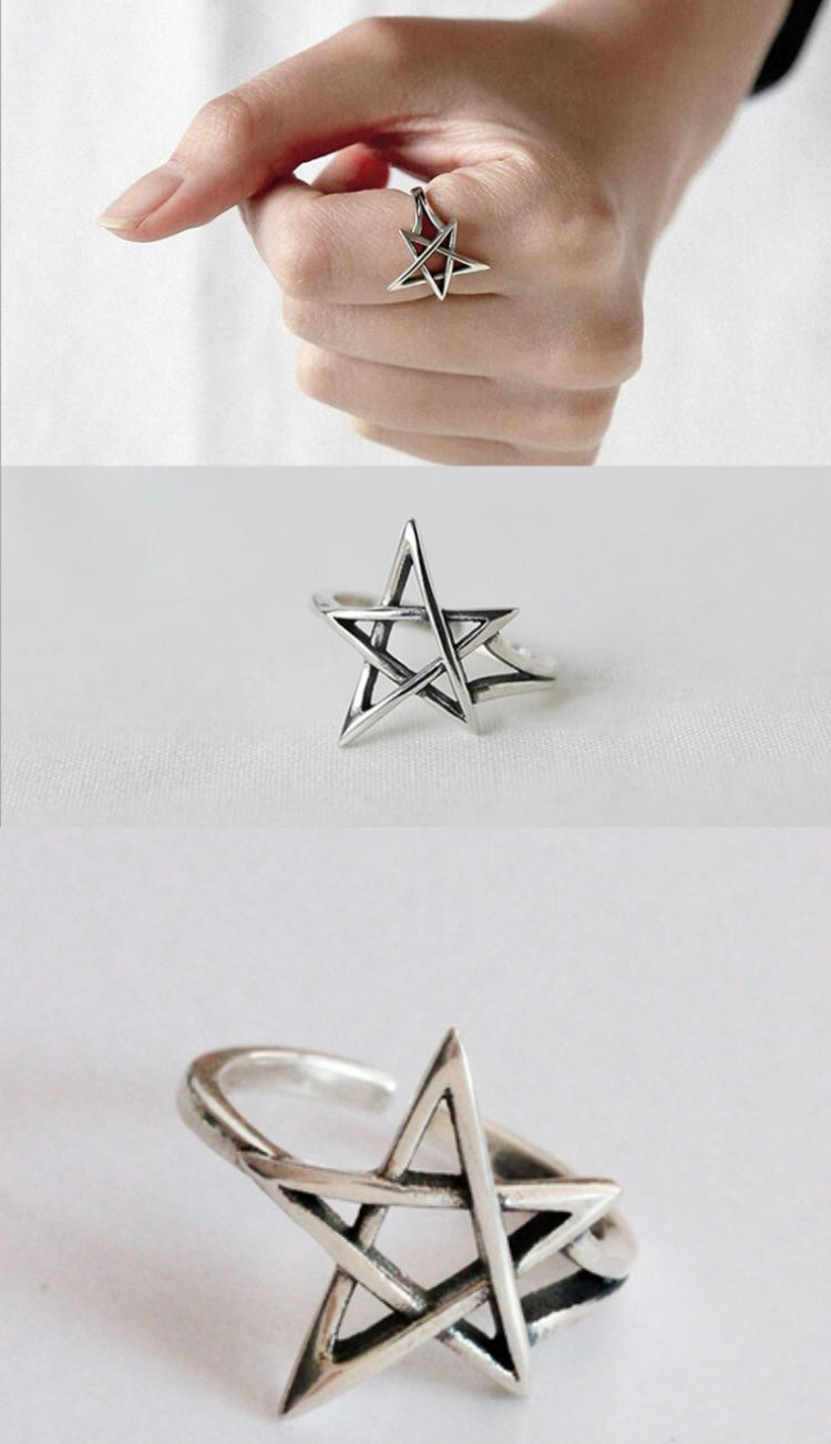 Silver Wiccan pentagram star ring