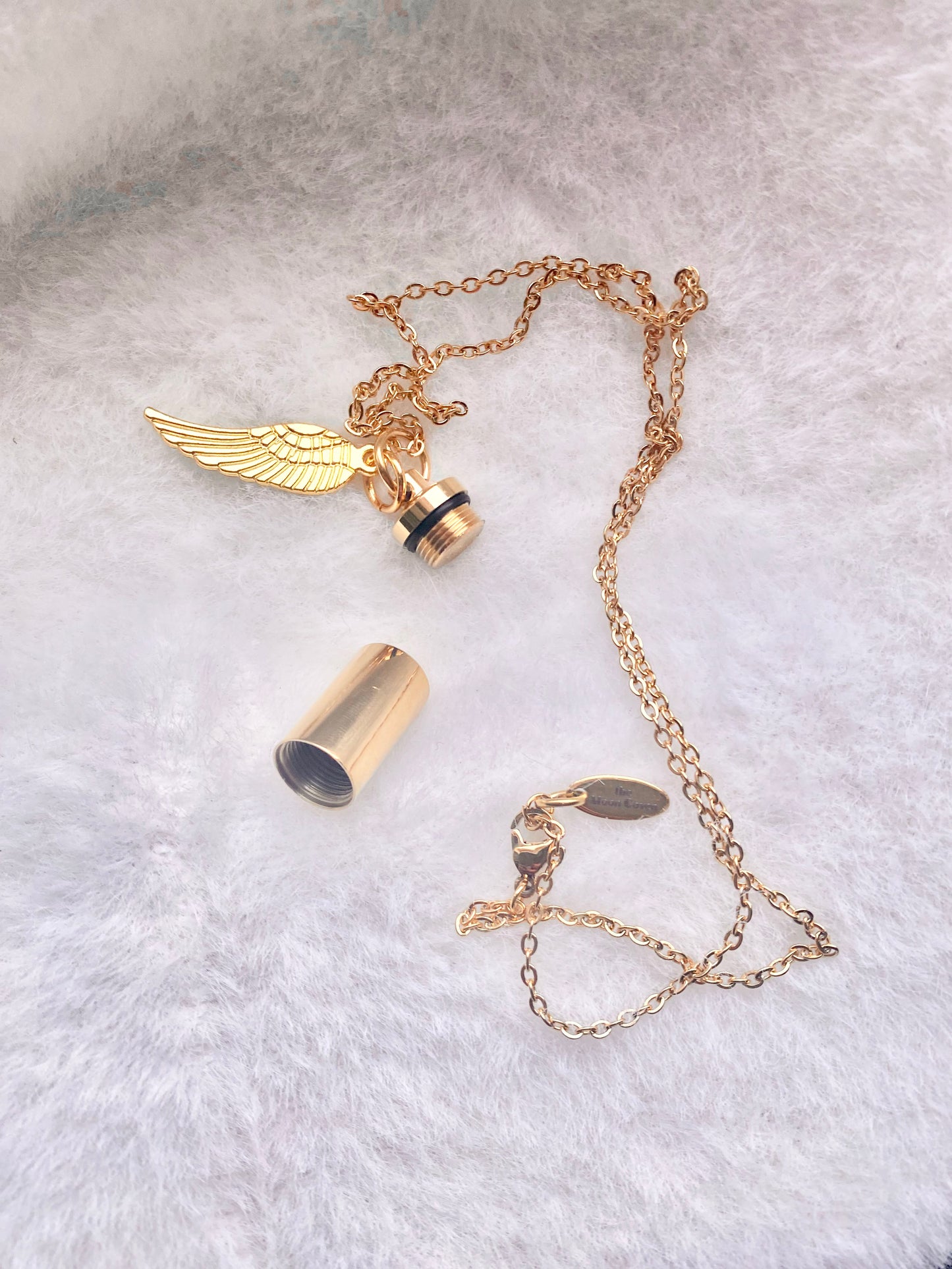 Gold cremation memorial cylinder angel necklace