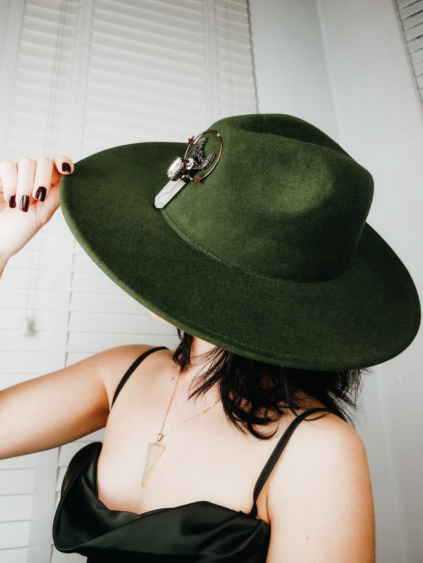Moon Star Clear Quartz Green Large Brim Fedora Hat