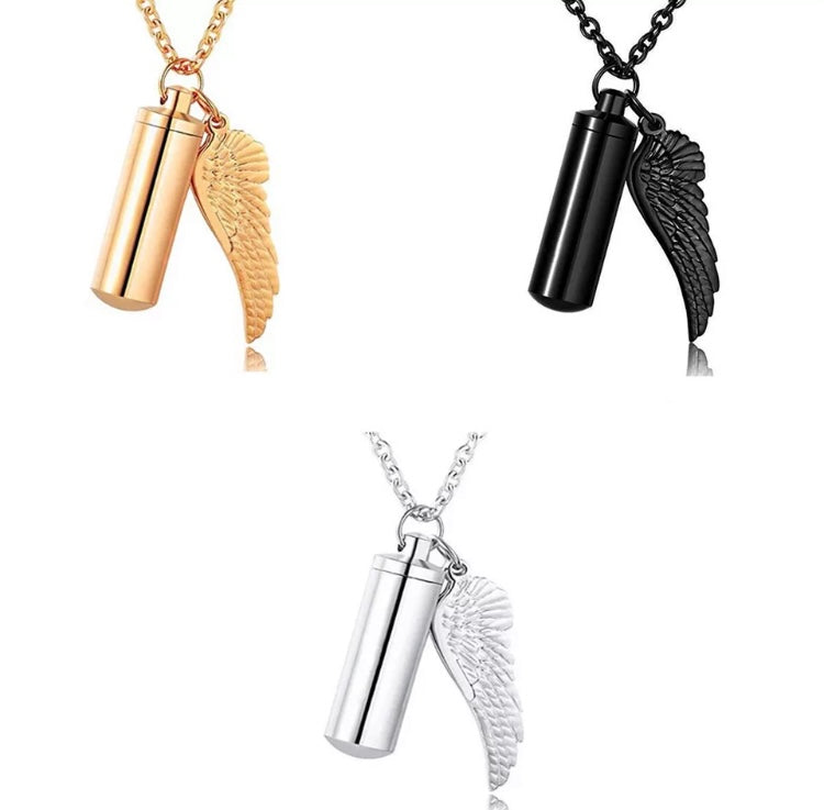 Gold cremation memorial cylinder angel necklace