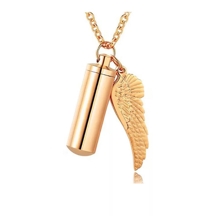 Gold cremation memorial cylinder angel necklace