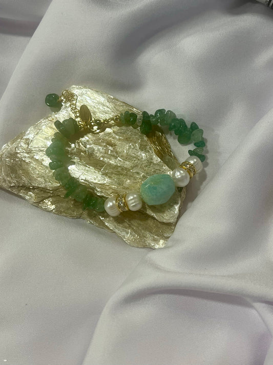 Green Aventurine & Biwa Pearl Bracelet – Gold Accent Healing Jewelry