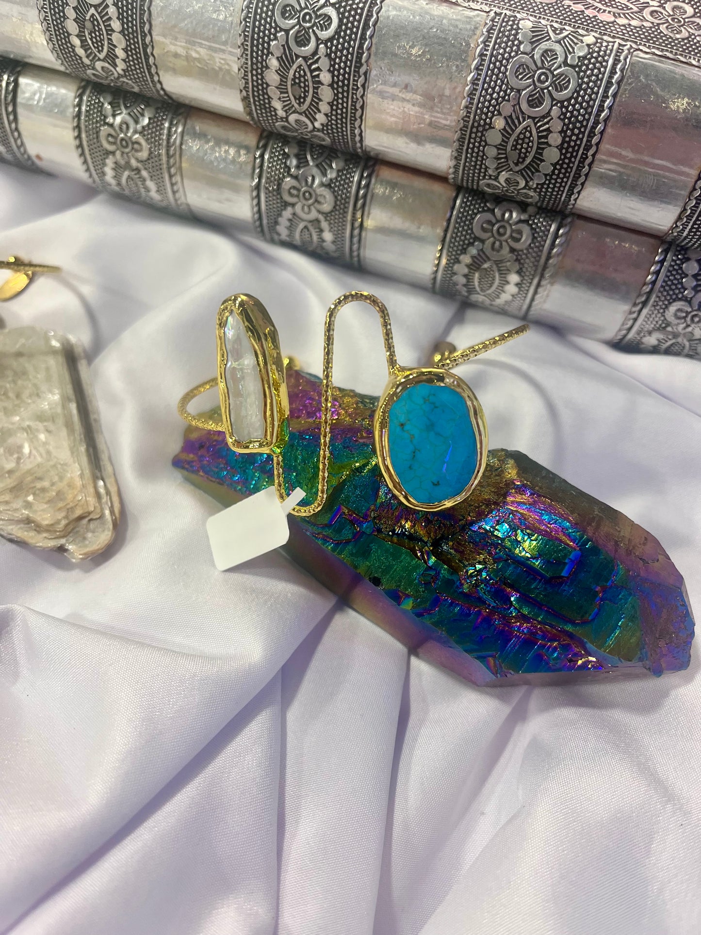Golden Turquoise & Biwa Pearl Cuff Bracelet – Unique Stone Jewellery