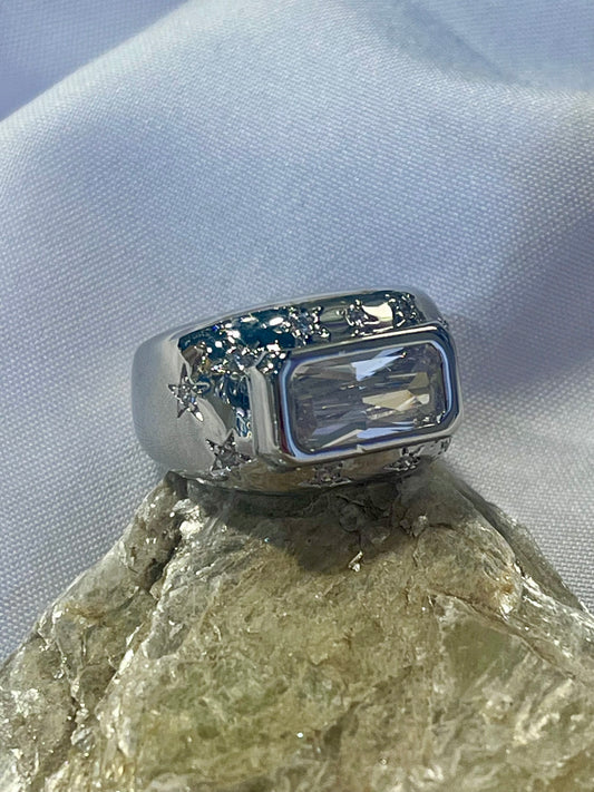 Celestial Rectangle CZ Ring –waterproof Silver