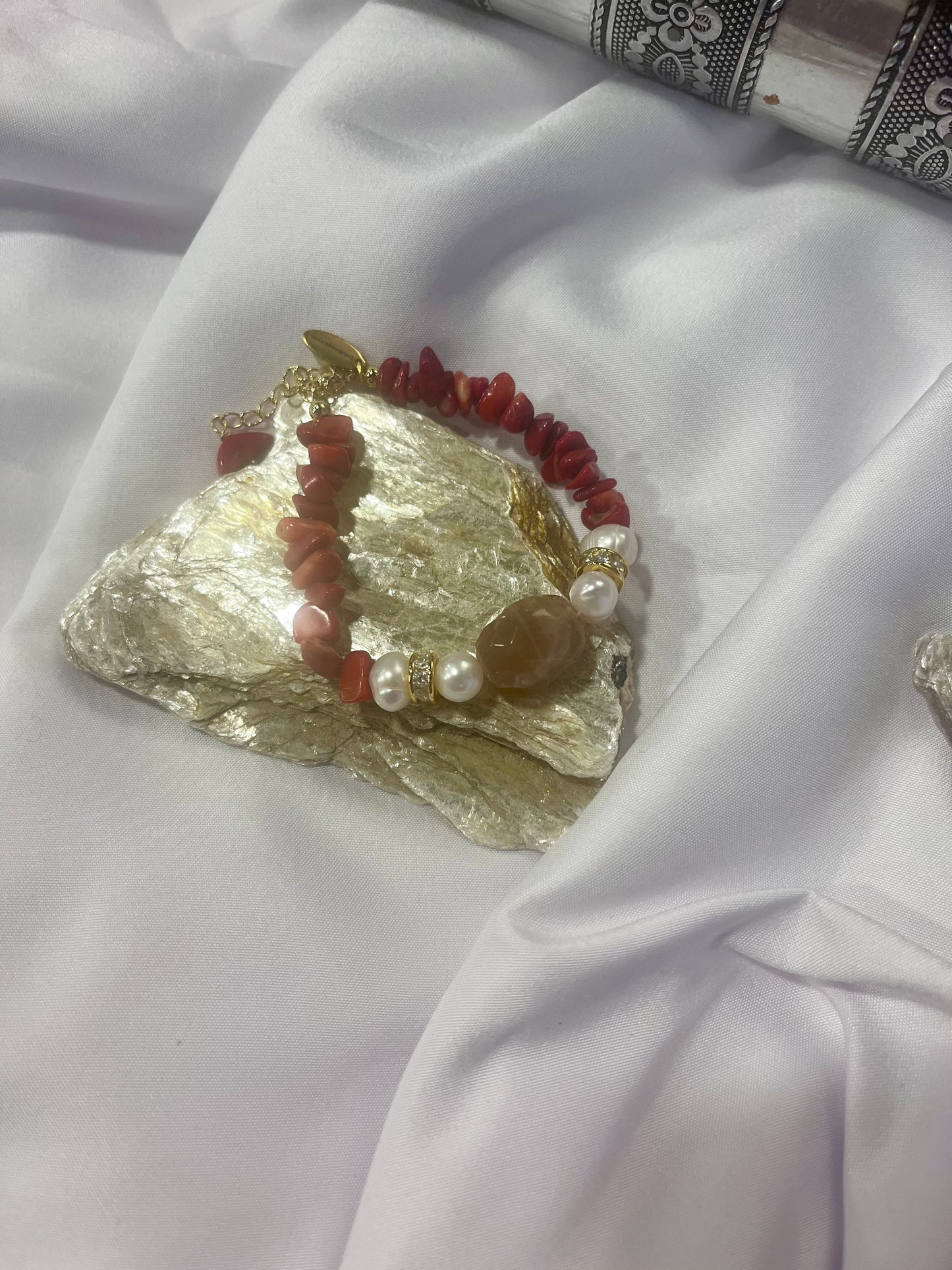 Red Coral & Biwa Pearl Bracelet – Gold Accent Healing Jewelry