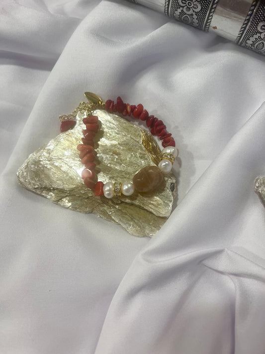 Red Coral & Biwa Pearl Bracelet – Gold Accent Healing Jewelry
