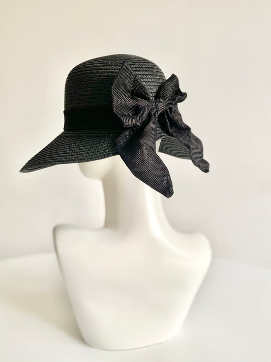 Black Wide Brim Sun Hat with Oversized Bow & Adjustable Chin Strap