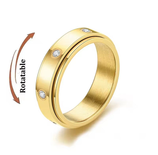 Gold Stainless Steel Anti-Anxiety Spinner Ring with Crystal Accents – Rotating Fidget Stress Relief Band in