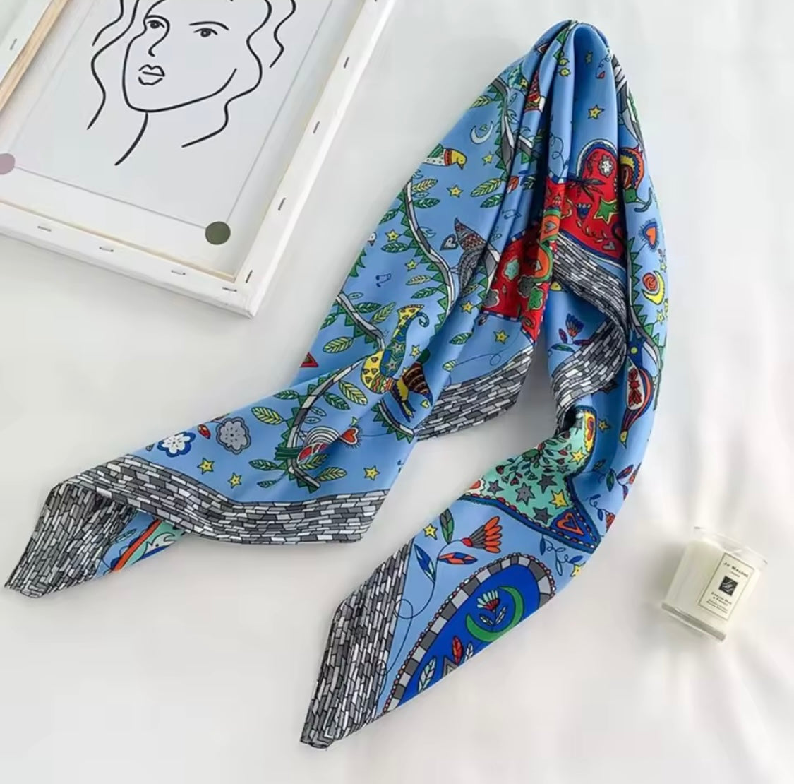 Mystic Garden Satin Scarf Collection – Blue 90x90cm